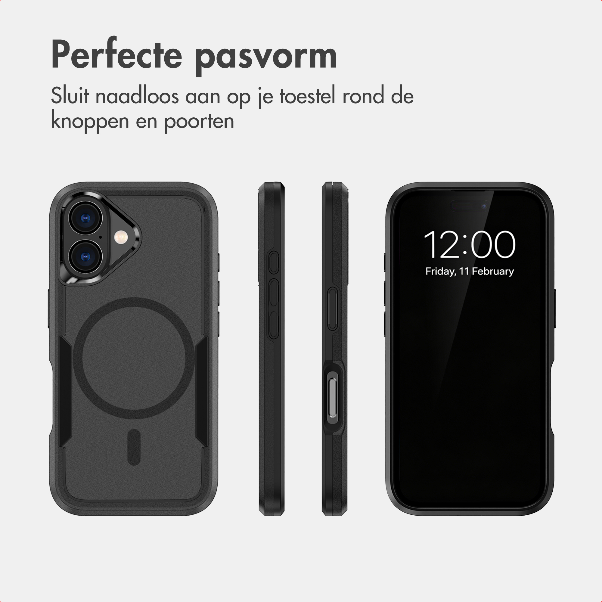 Schwarze Handyhülle mit MagSafe-Ring, gezeigt von verschiedenen Seiten mit Text oben.