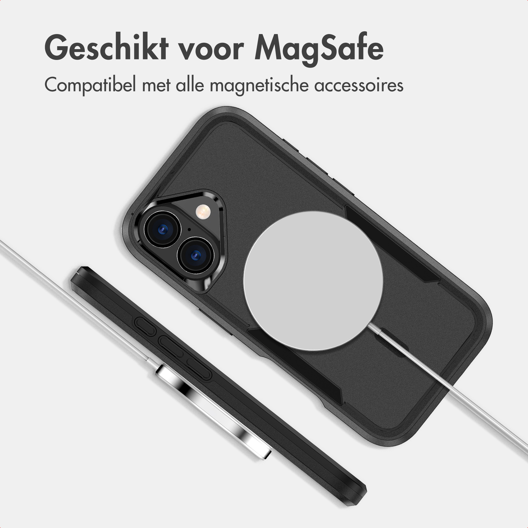 Schwarze Schutzhülle mit MagSafe-Ladegerät und Seitenausrichtung.