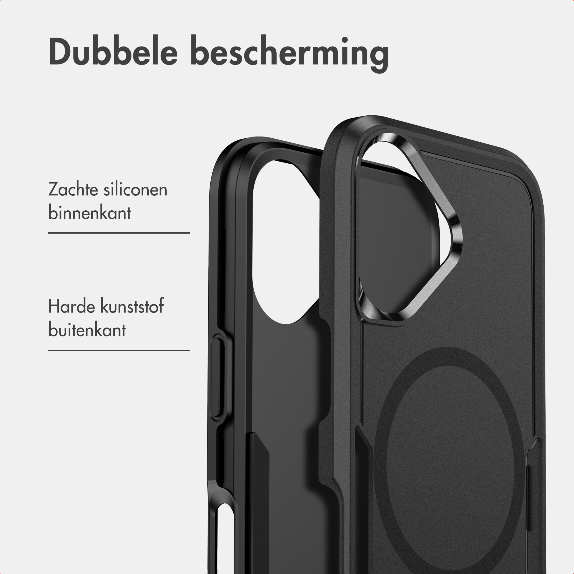 Eine schwarze zweilagige Smartphone-Hülle mit weichem Silikon innen und hartem Kunststoff außen.