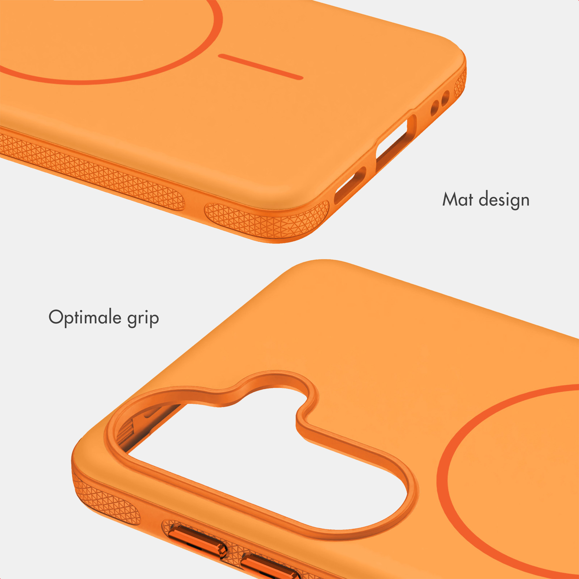 Zwei Ansichten einer orangen Handyhülle mit strukturierten Rändern für optimalen Grip und mattem Design.
