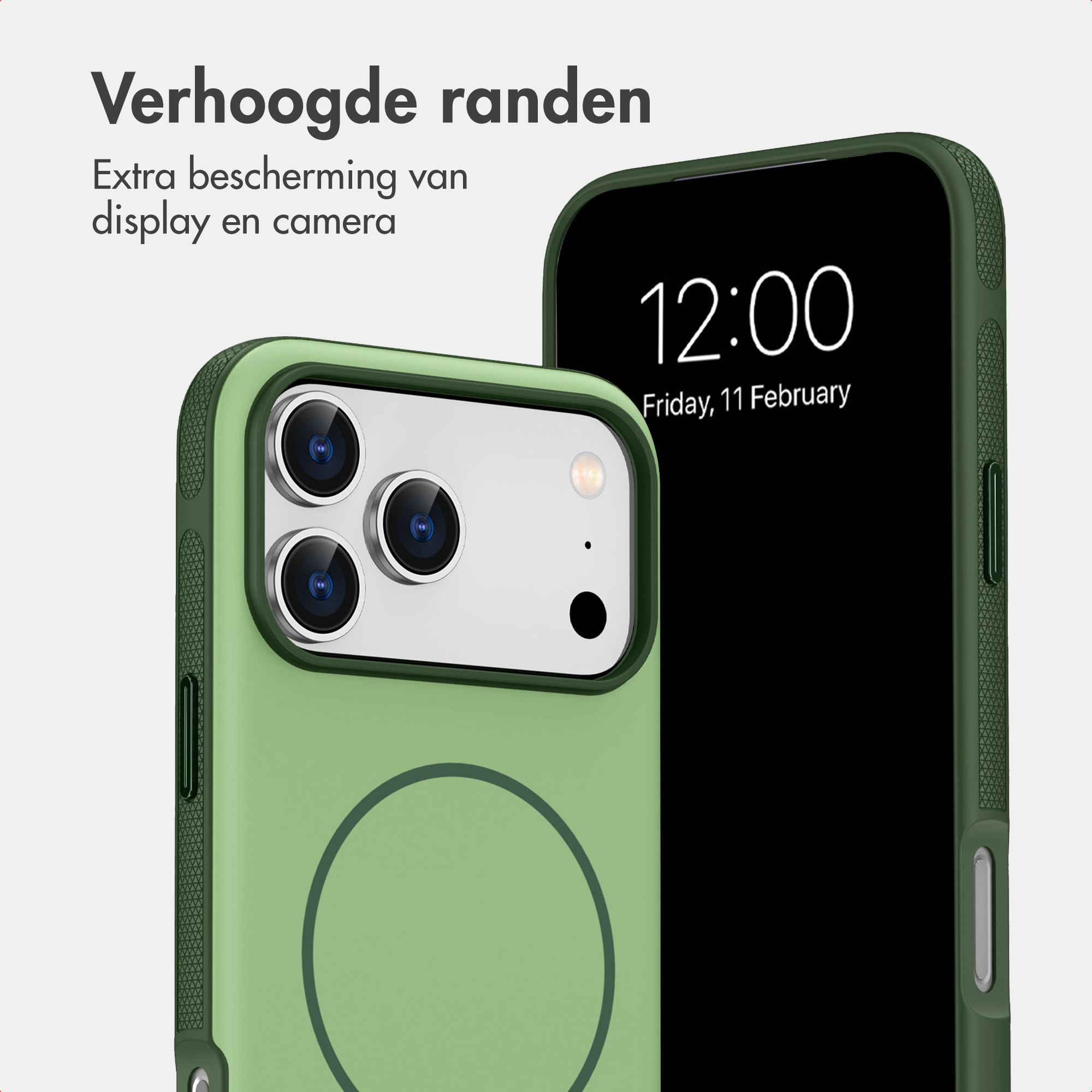 Zwei Smartphones in grünen Hüllen vor hellem Hintergrund mit niederländischem Text.