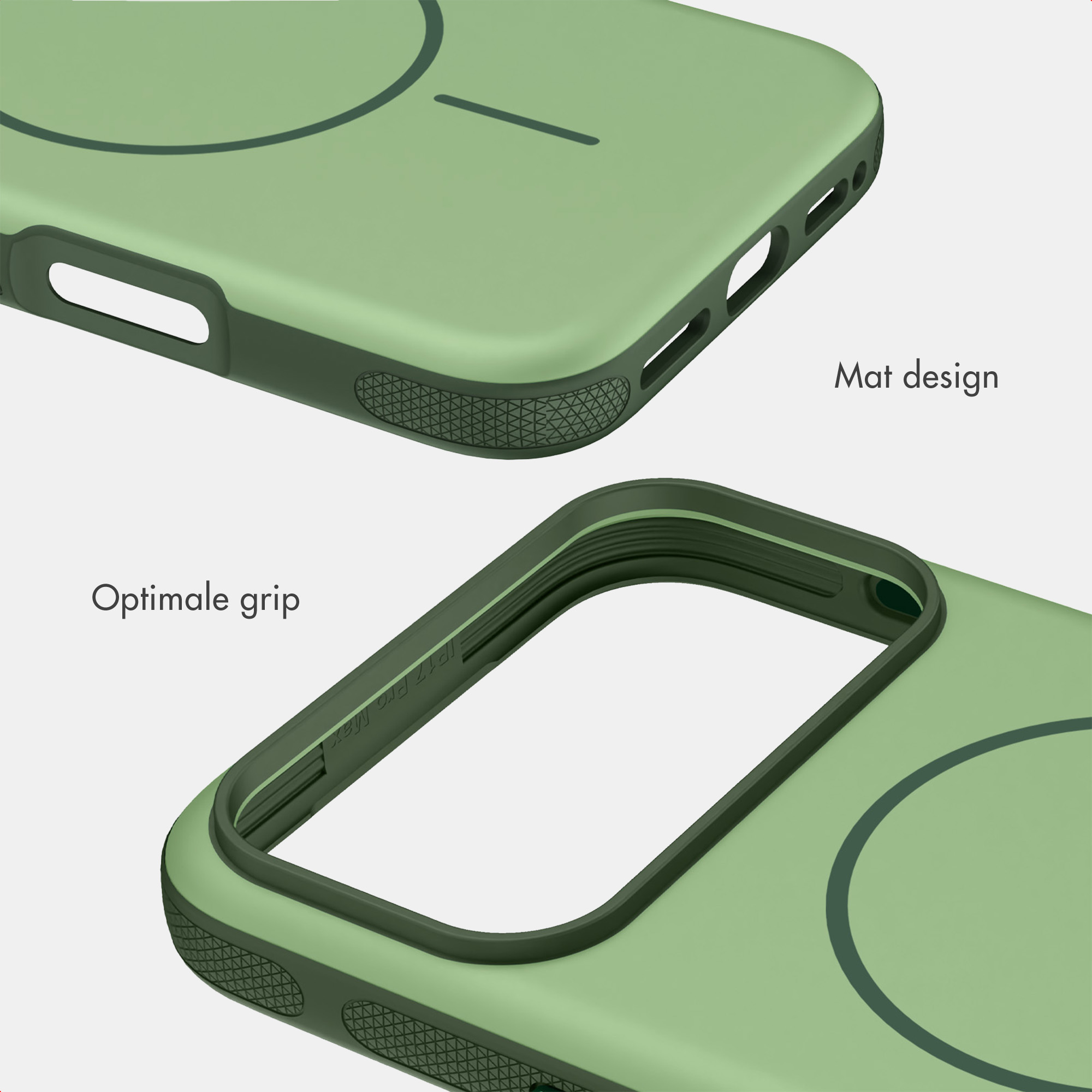 Grüne Schutzhülle mit mattem Design und strukturiertem Griff für optimalen Halt auf weißem Hintergrund.