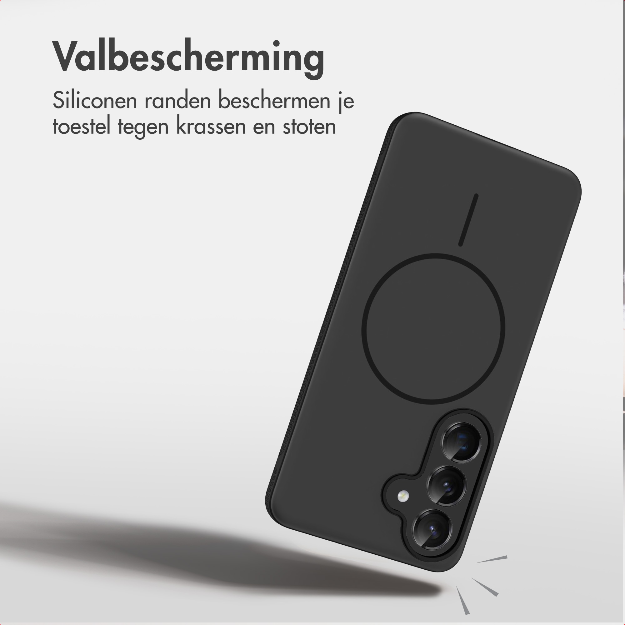 Ein schwarzes Smartphone mit Schutzhülle, drei Kameras und kreisförmigem Magneten auf weißem Hintergrund mit Text.