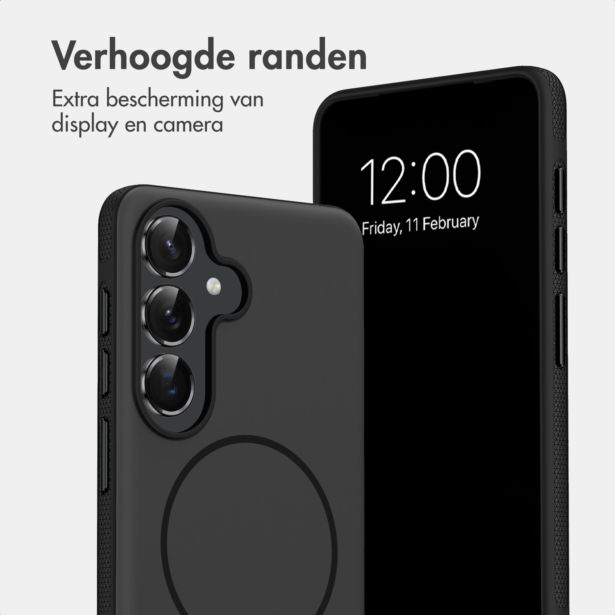 Zwei schwarze Smartphones mit Schutzhüllen in Nahaufnahme, eines zeigt die Kamera, das andere den Bildschirm.