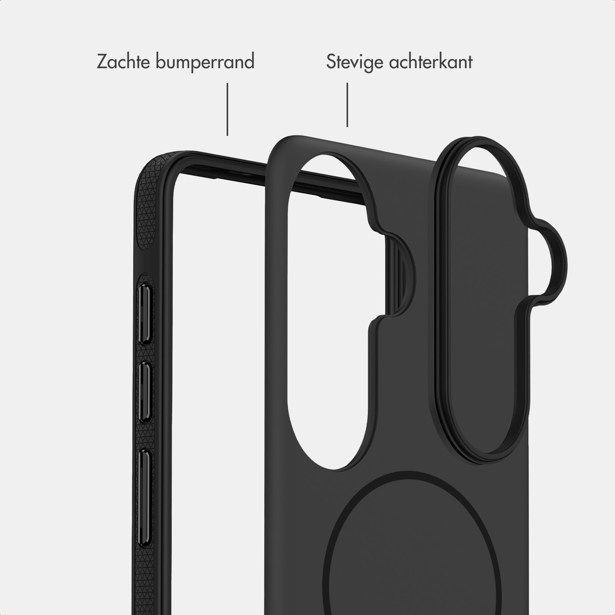 Eine schwarze Handyhülle mit weichem Bumper-Rand und stabiler Rückseite vor hellem Hintergrund.