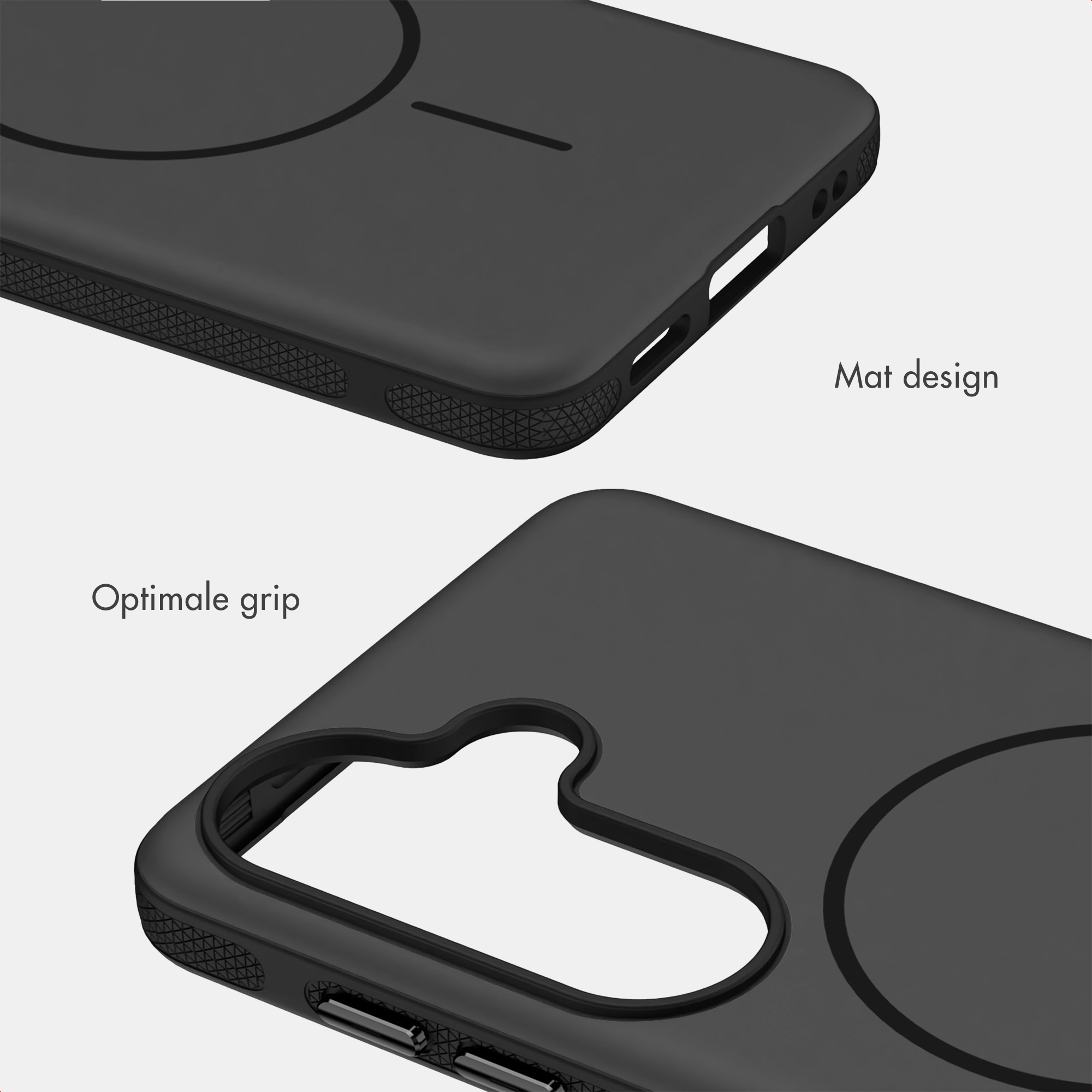 Zwei Ansichten einer schwarzen Handyhülle, die das matte Design und den griffigen Rand betonen.