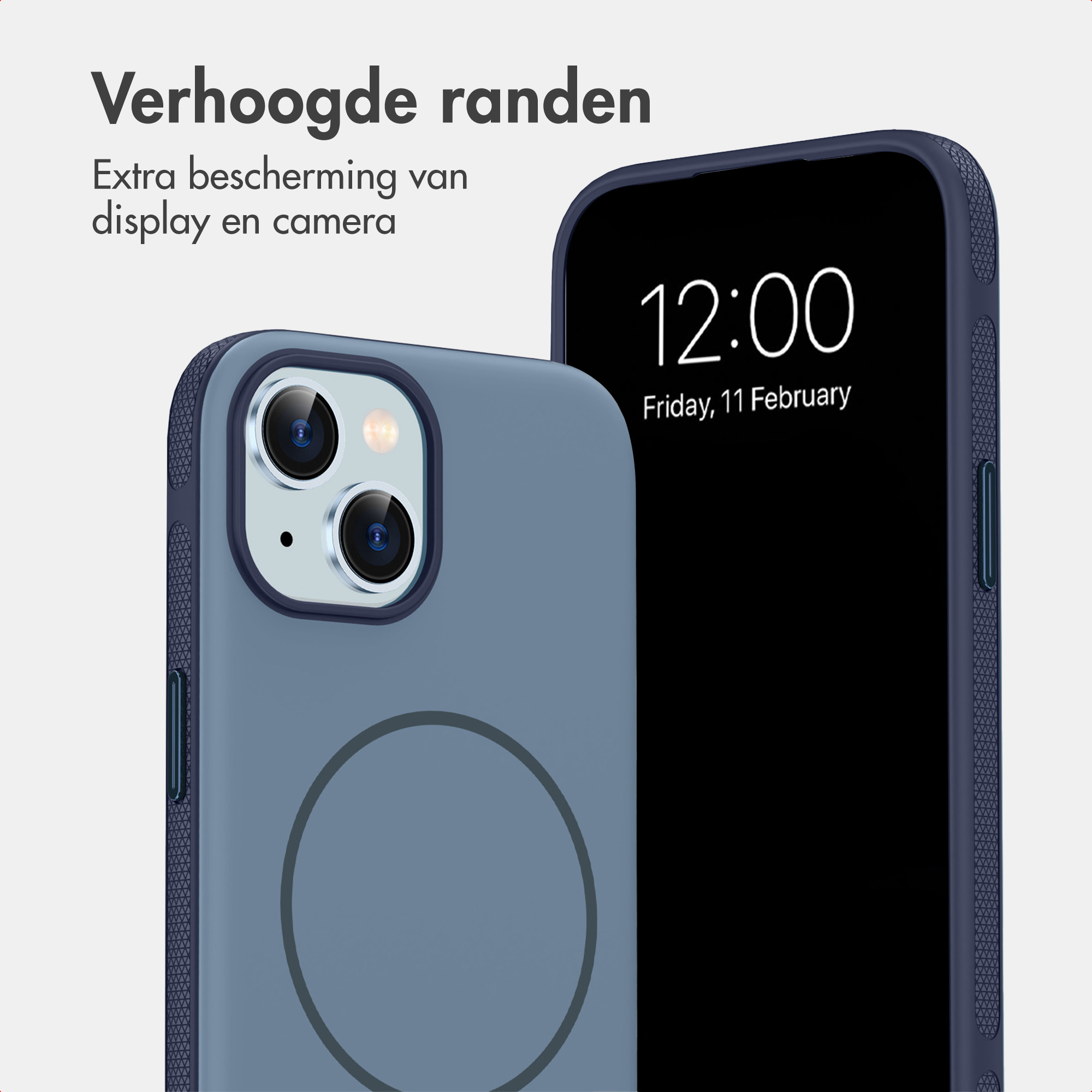 Blauwe smartphonehoes met dubbele camera en magneetring, toont schermbescherming.