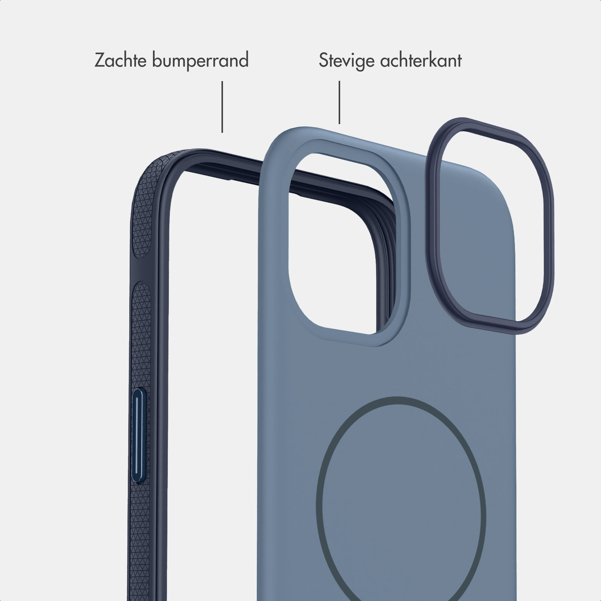 Blauwe smartphonehoes toont zachte bumperrand en stevige achterkant.