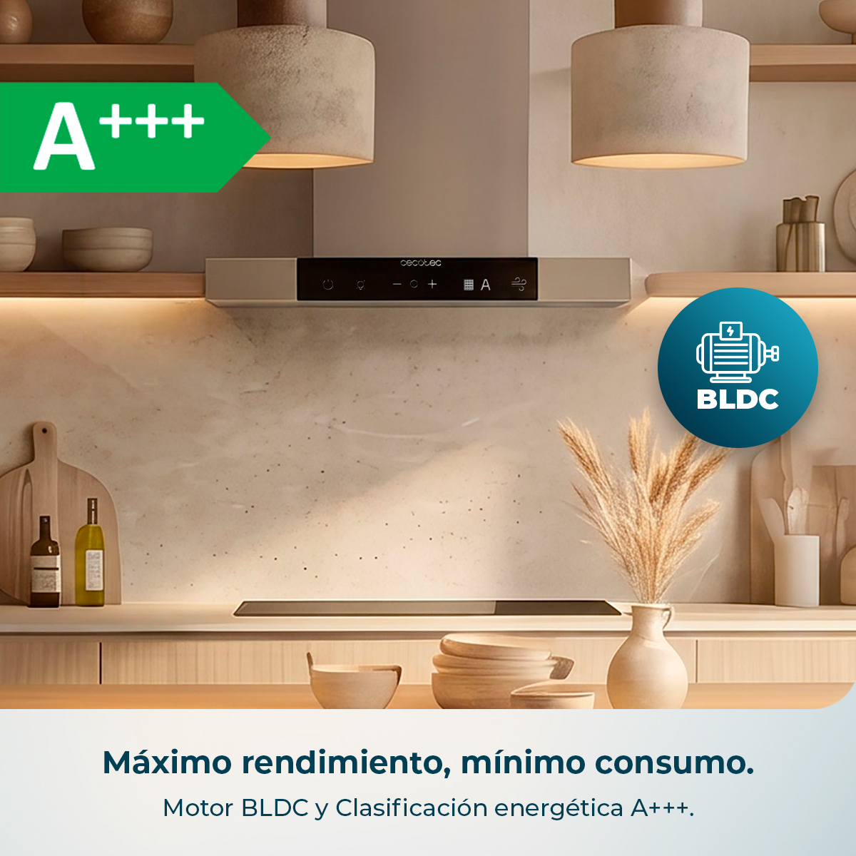Moderna cappa da cucina con efficienza energetica A+++ e motore BLDC.