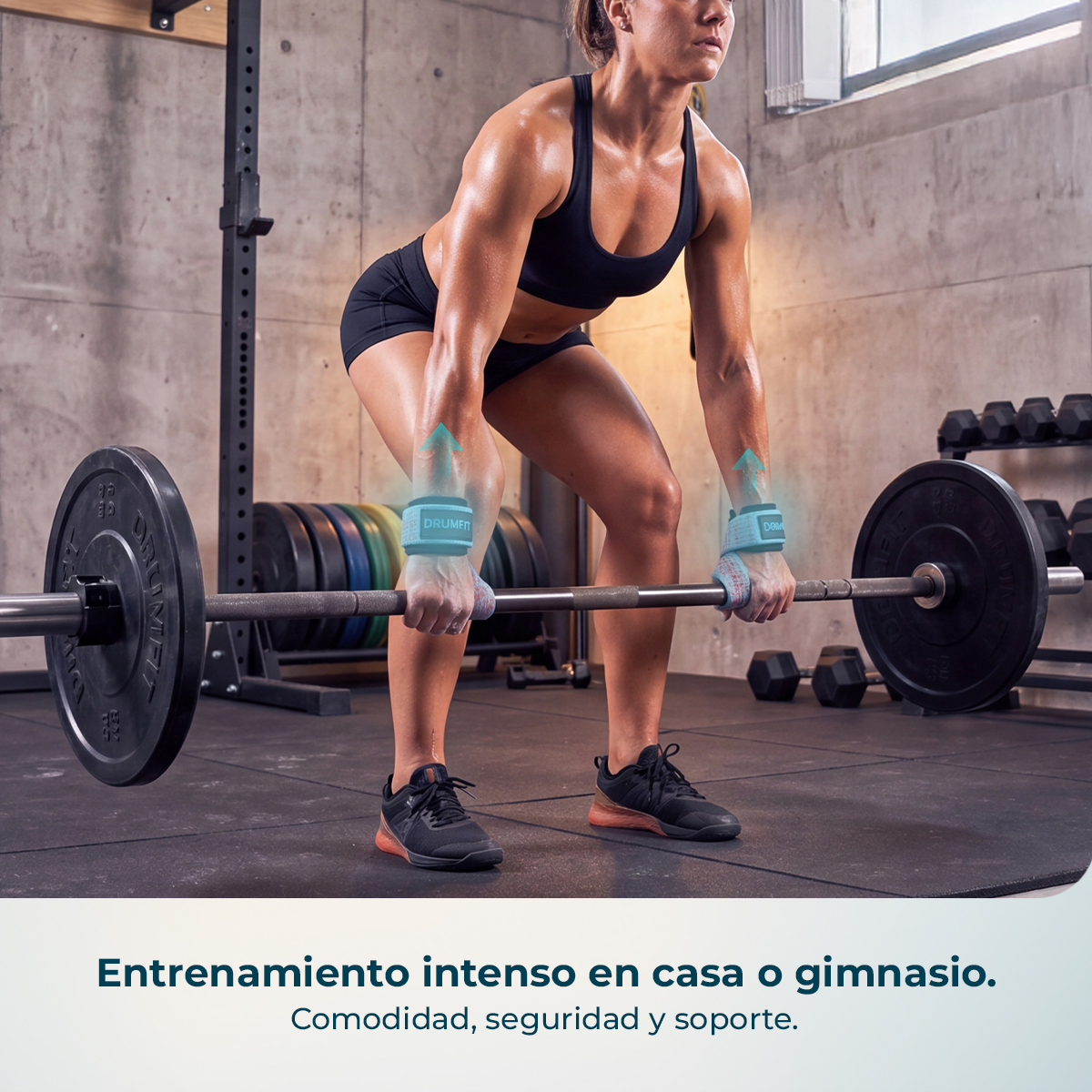 Una mujer levantando una barra en un gimnasio con soportes para las muñecas.