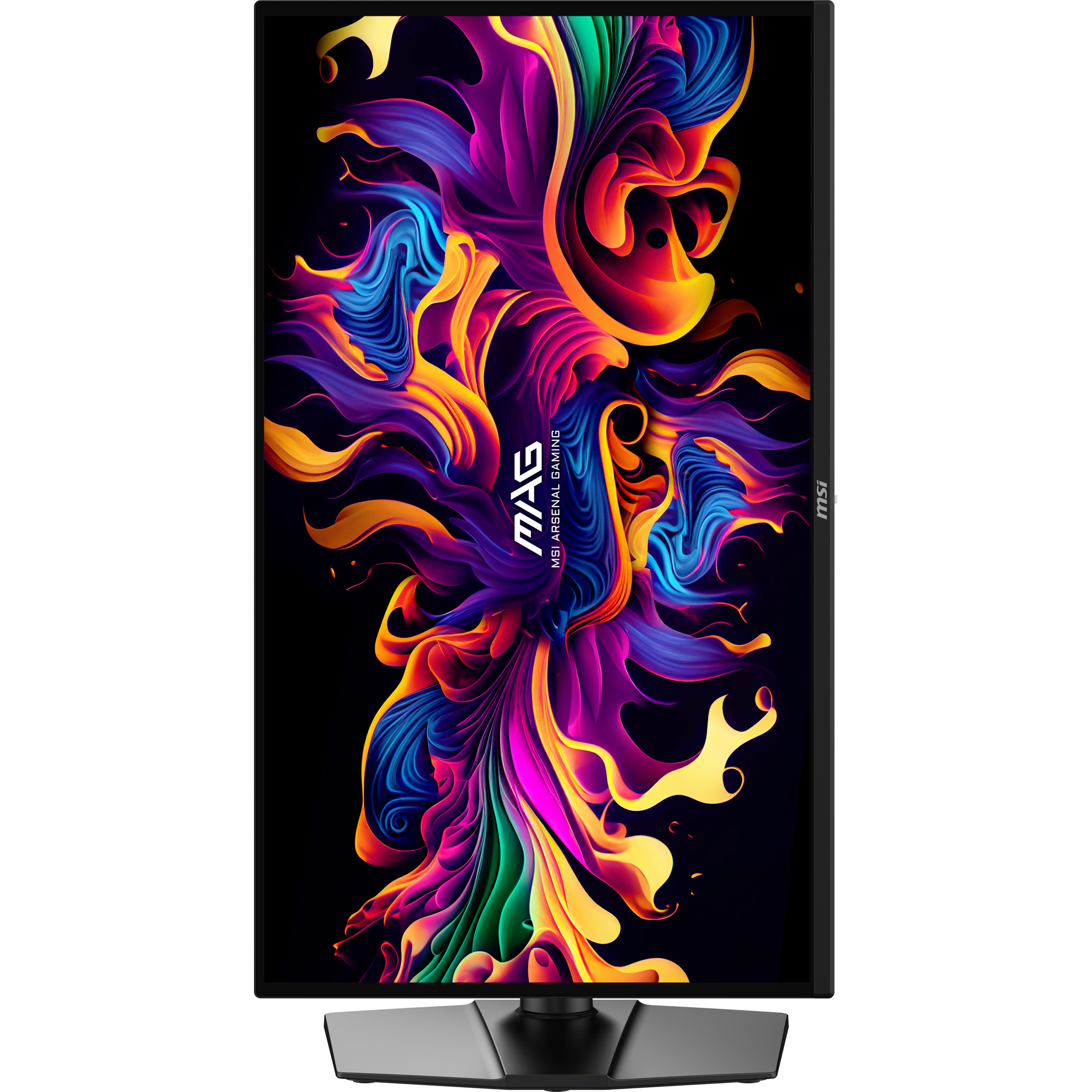 Ein schwarzer MSI Gaming-Monitor zeigt ein buntes, abstraktes Farbmuster auf dem Bildschirm.