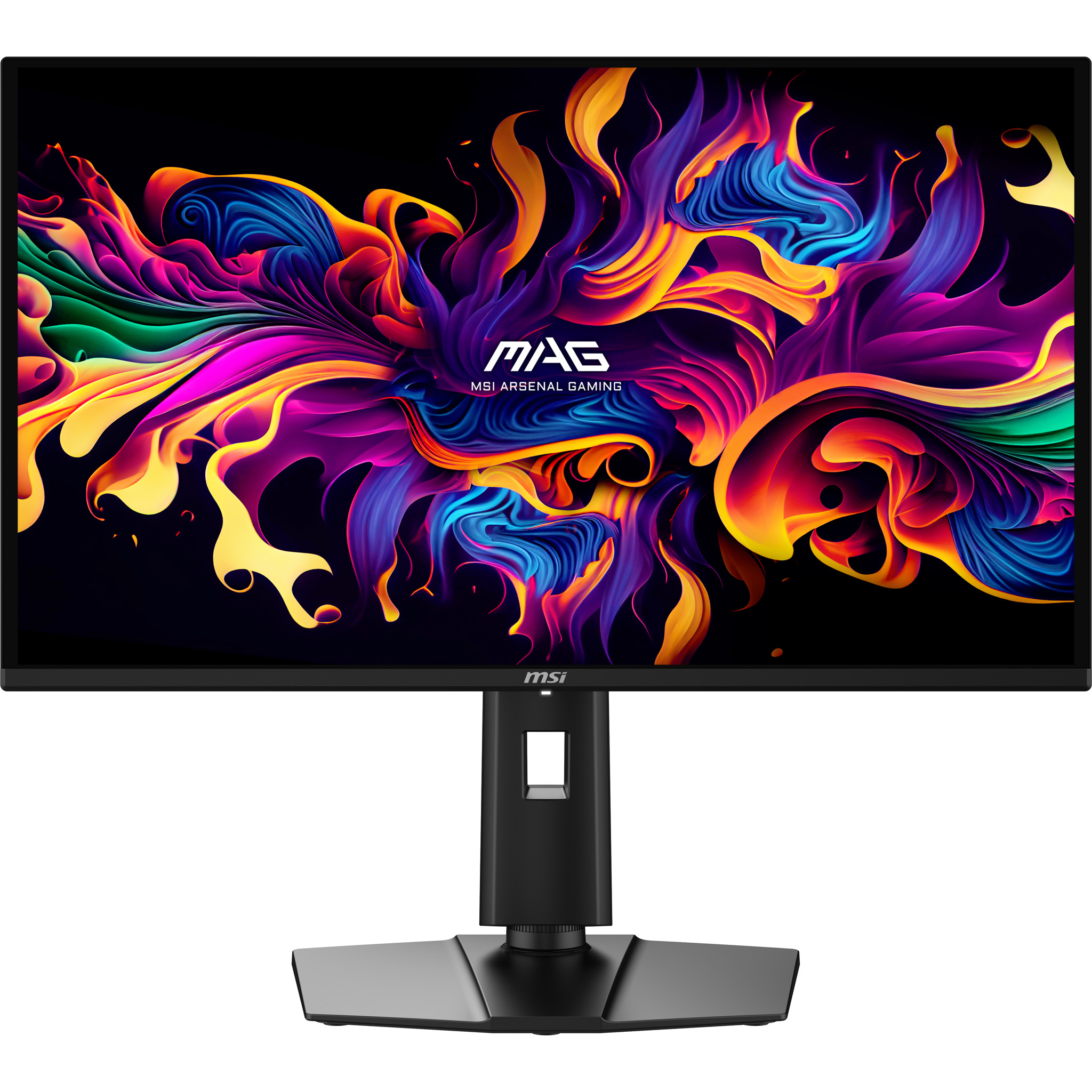 MSI-Gaming-Monitor mit einem bunten, abstrakten Hintergrund in leuchtenden Farben und schwarzem Standfuß.