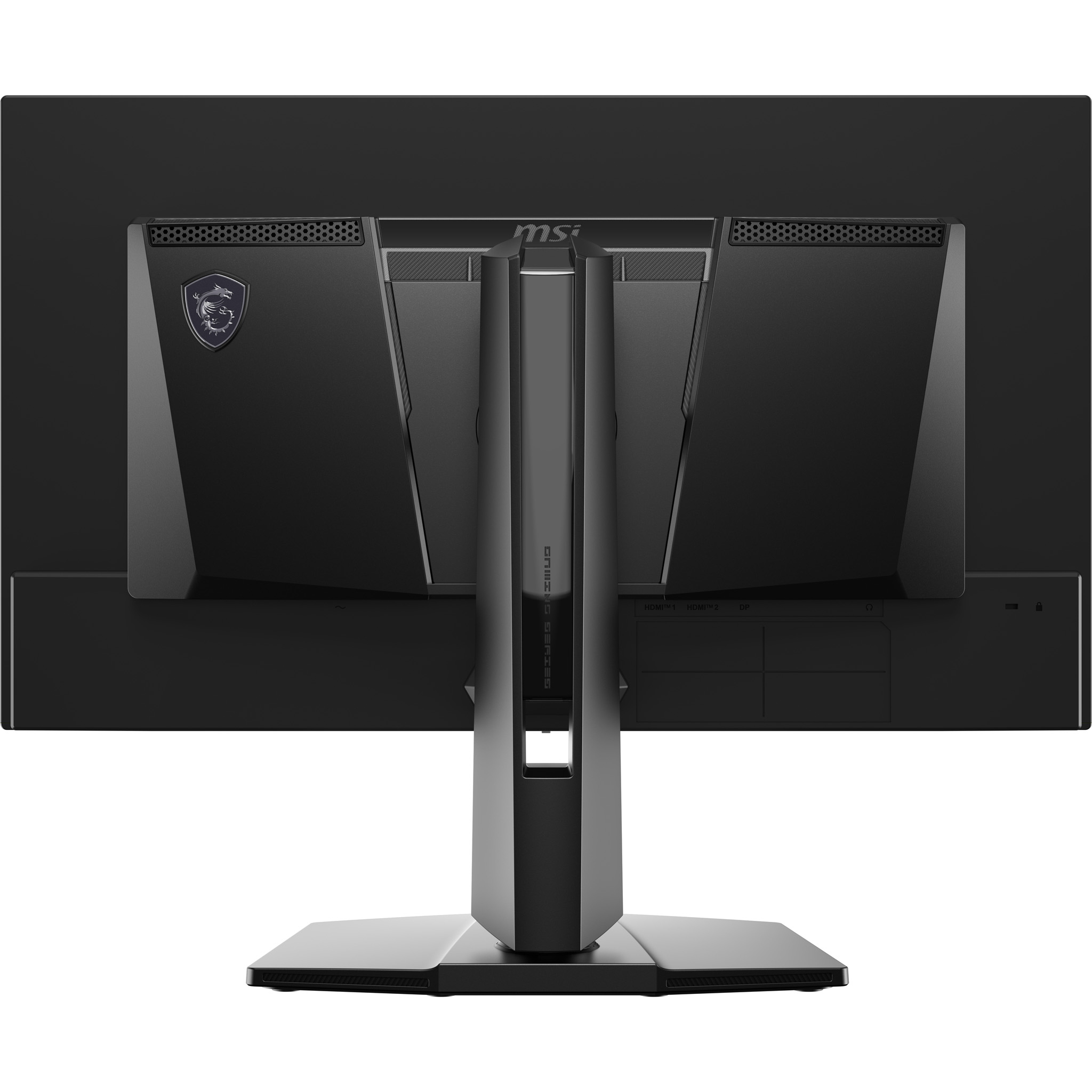 Rückansicht eines schwarzen MSI-Gaming-Monitors mit Standfuß, Drachenlogo und Anschlussabdeckungen.
