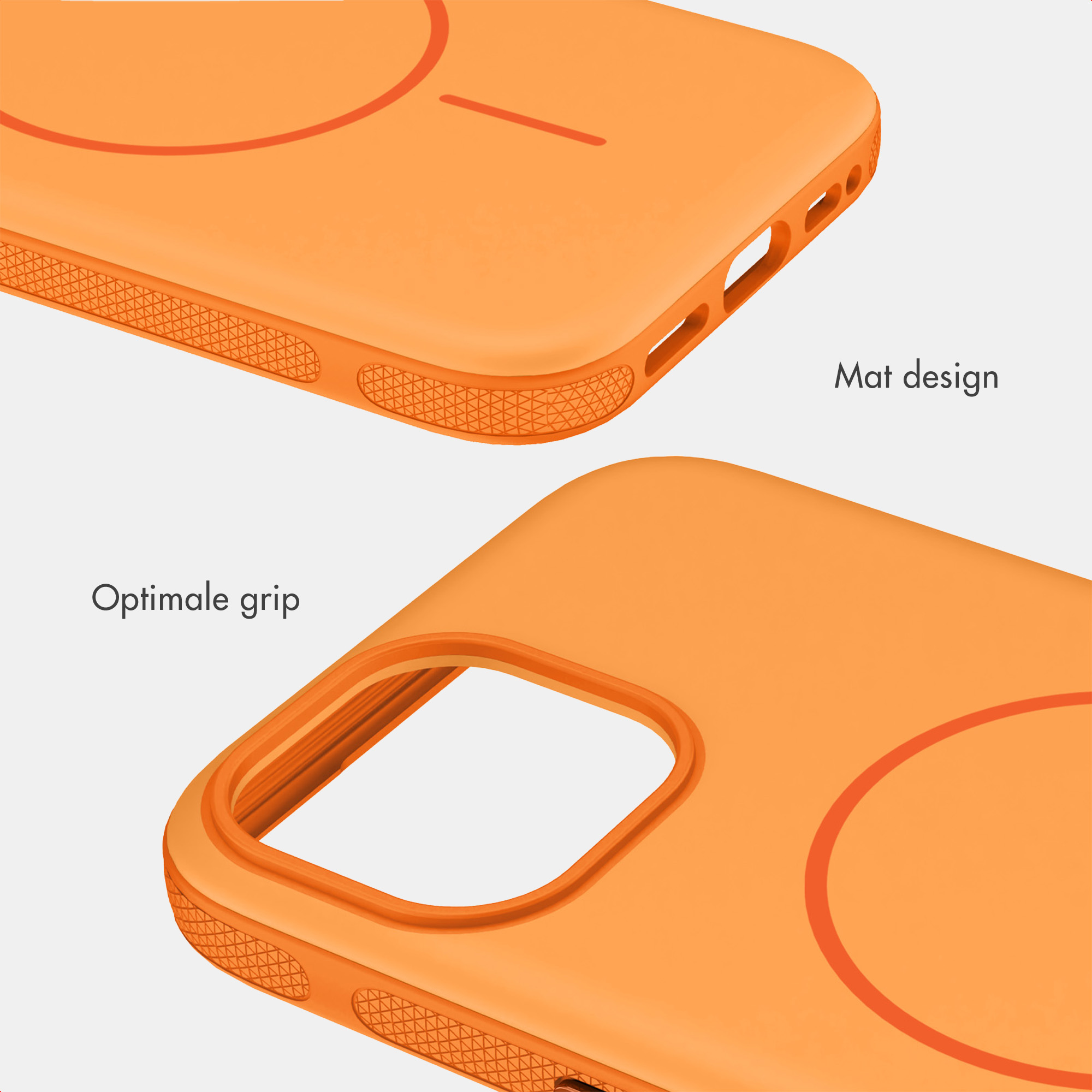 Oranje telefoonhoesje met een getextureerd oppervlak voor optimale grip en een mat design.