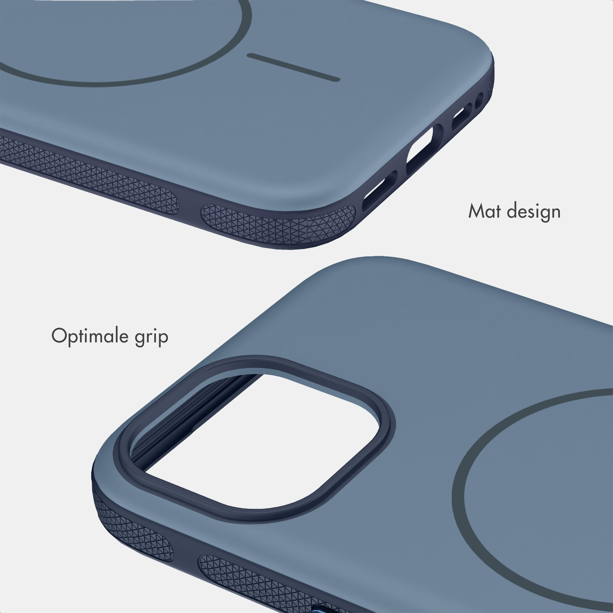 Blauwe smartphonehoes met mat design, getextureerde grip en camera-uitsparing.