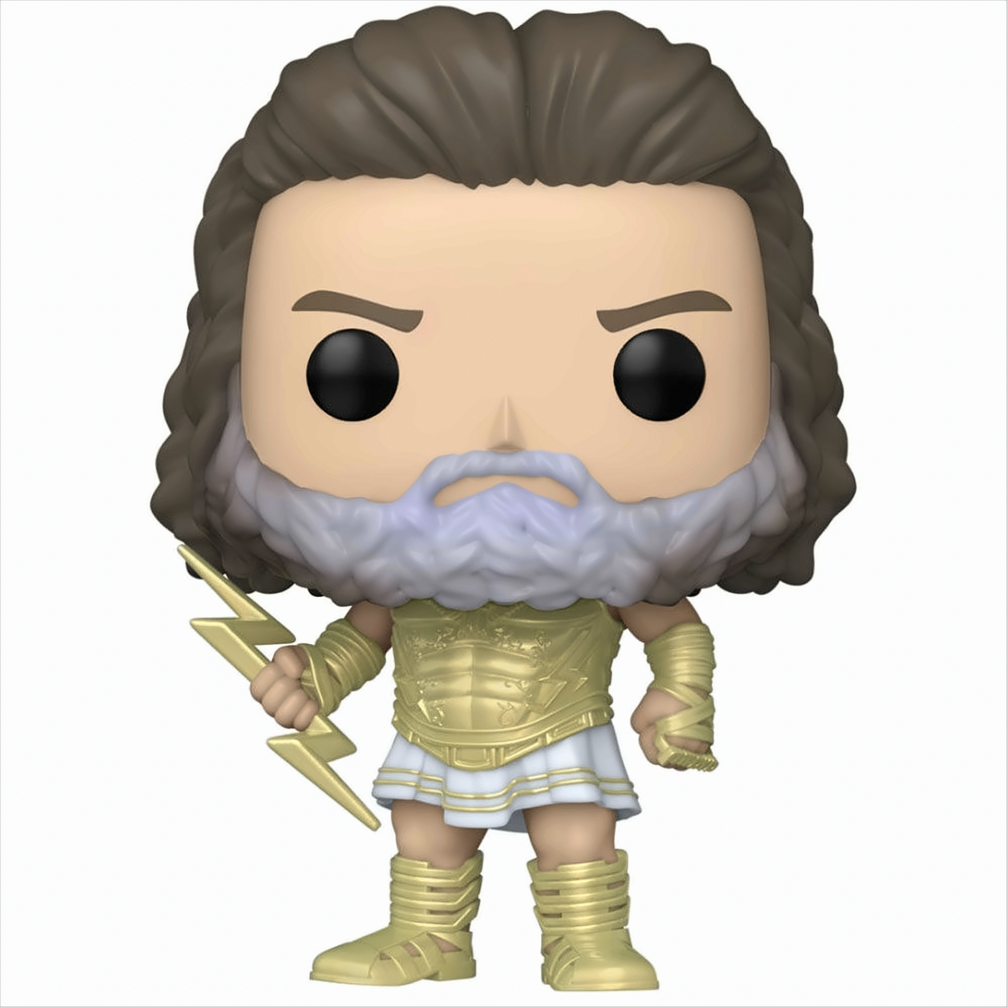 Una figura Funko Pop di Zeus con barba grigia, armatura dorata e una saetta in mano.