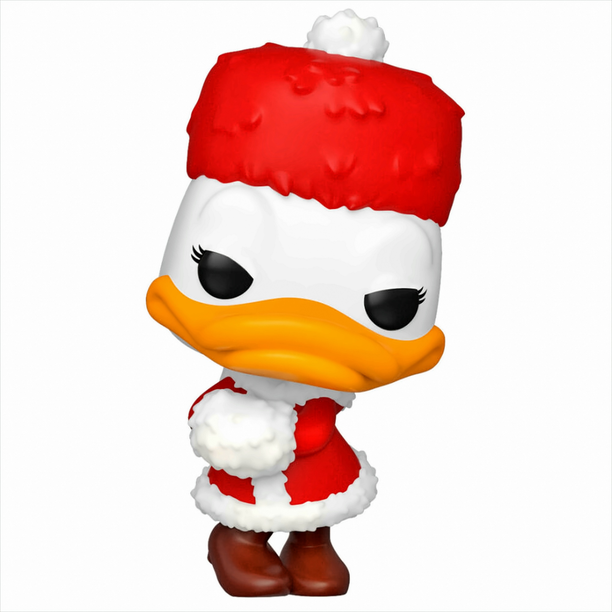 Una figura in vinile di Daisy Duck con un cappotto invernale rosso e un cappello di pelliccia.