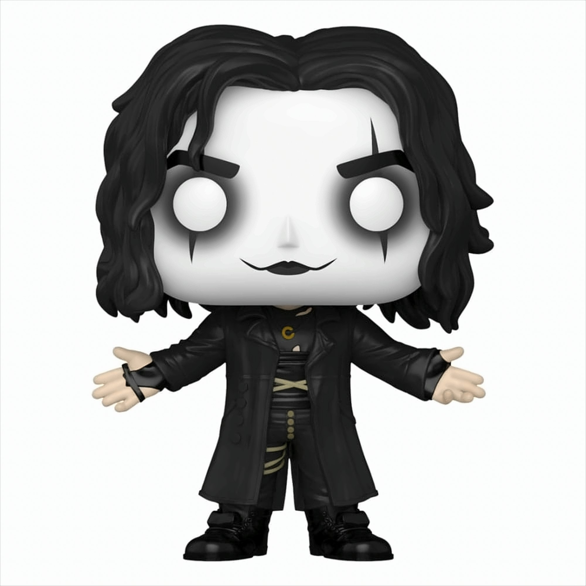 Una figura Funko Pop di Eric Draven con viso bianco, vestiti neri e capelli lunghi.