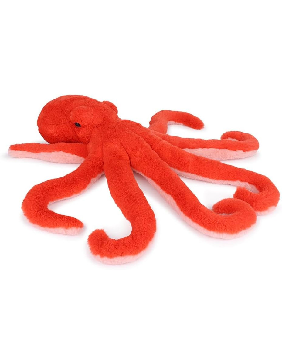 Ein Plüsch-Oktopus in leuchtendem Rot mit pinkfarbenen Unterseiten der Arme auf weißem Hintergrund.