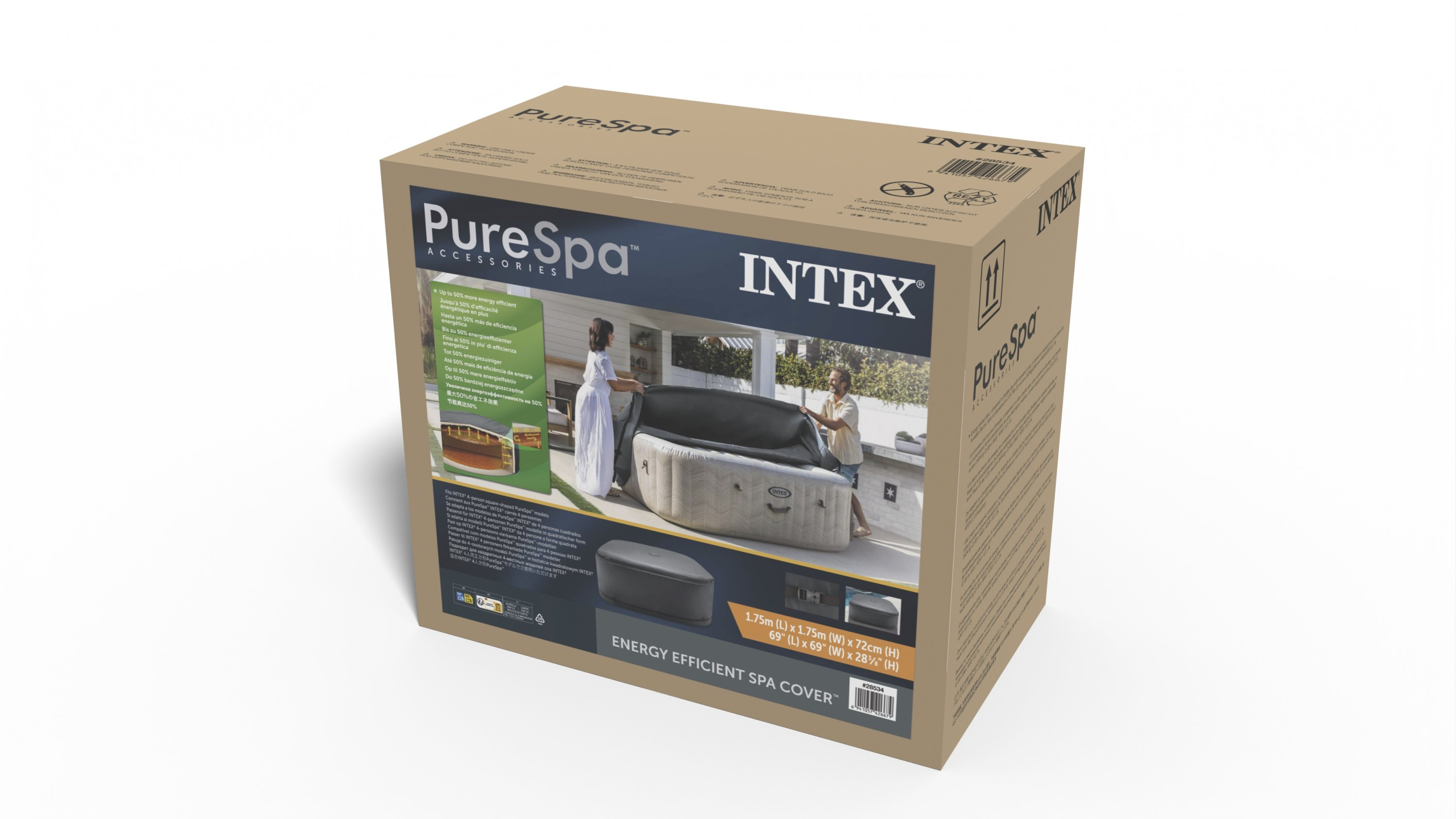 Karton für Intex PureSpa Energieeffiziente Spa-Abdeckung mit Produktfotos und Text vor weißem Hintergrund.