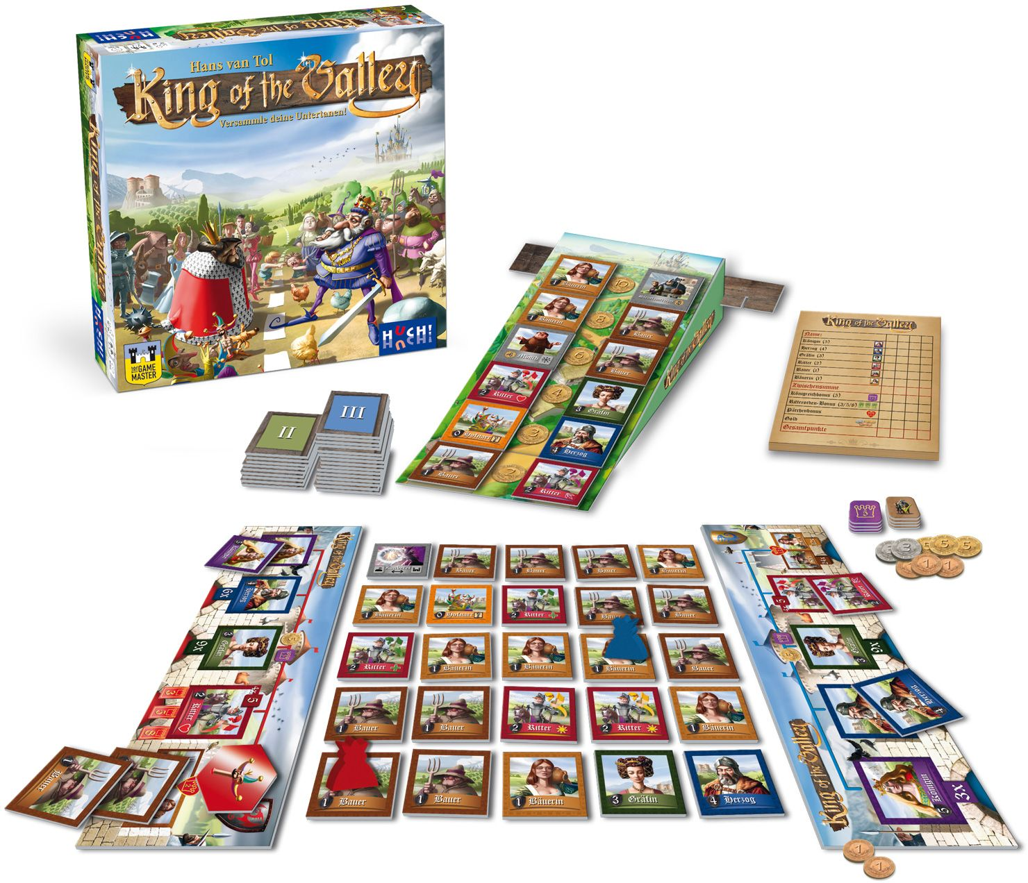 King of the Valley Brettspiel mit Schachtel, Karten, Spielbrettern, Markern und Münzen auf weißer Fläche.