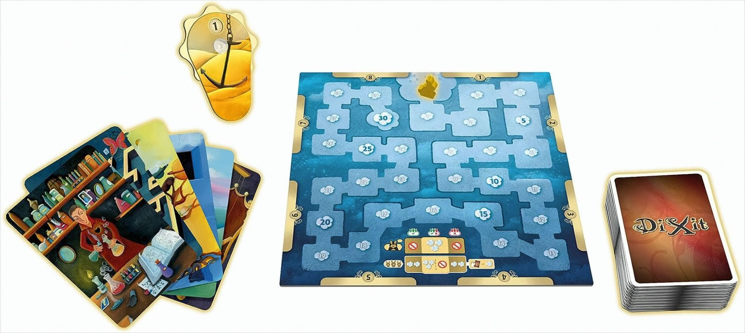 Dixit-Spielbrett mit blauem Nummernpfad, Kartenstapel, Anker-Marker und illustrierten Karten.