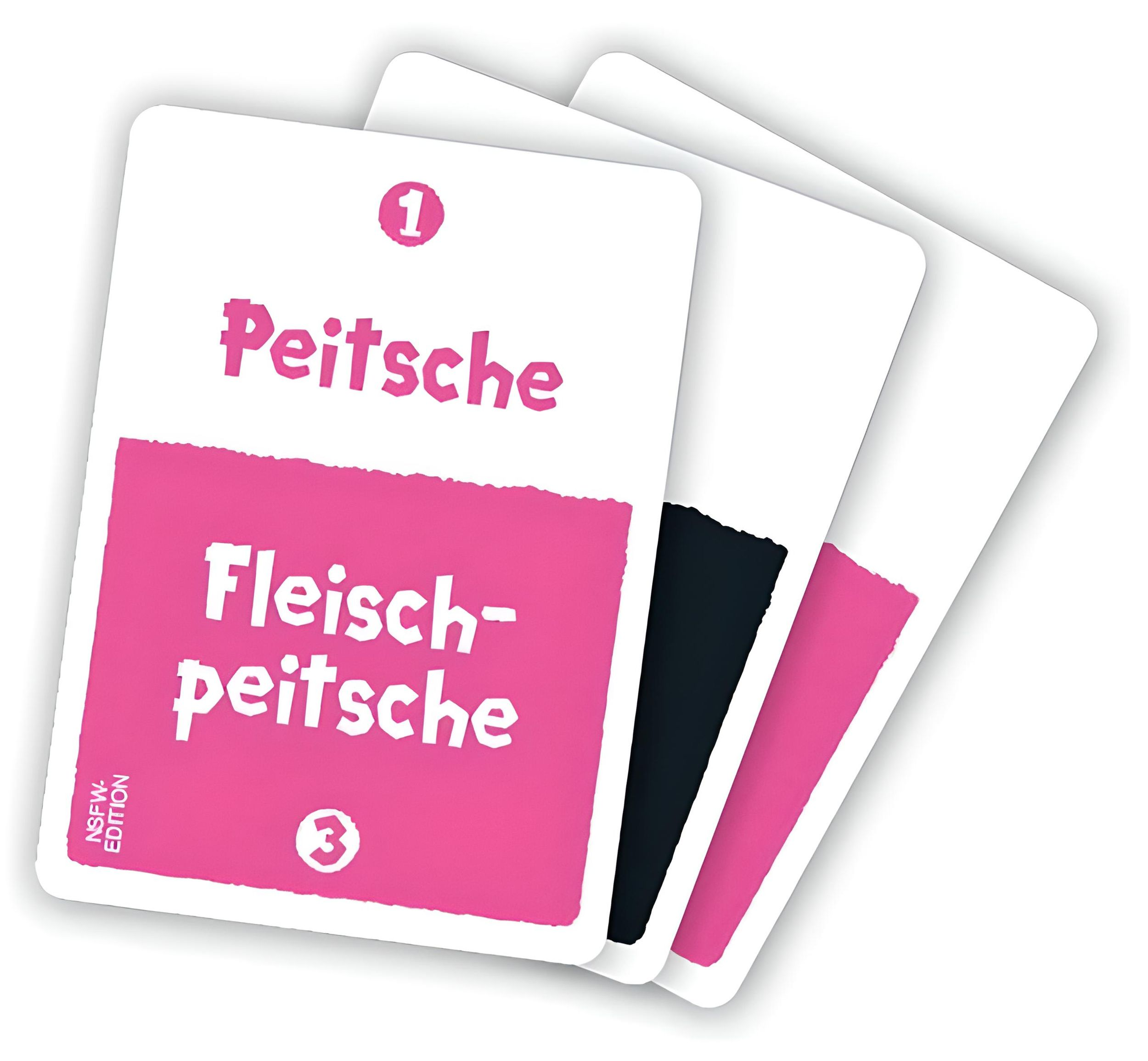 Drei weiße Spielkarten mit pinkem Text und Formen, die die deutschen Wörter Peitsche und Fleischpeitsche zeigen.