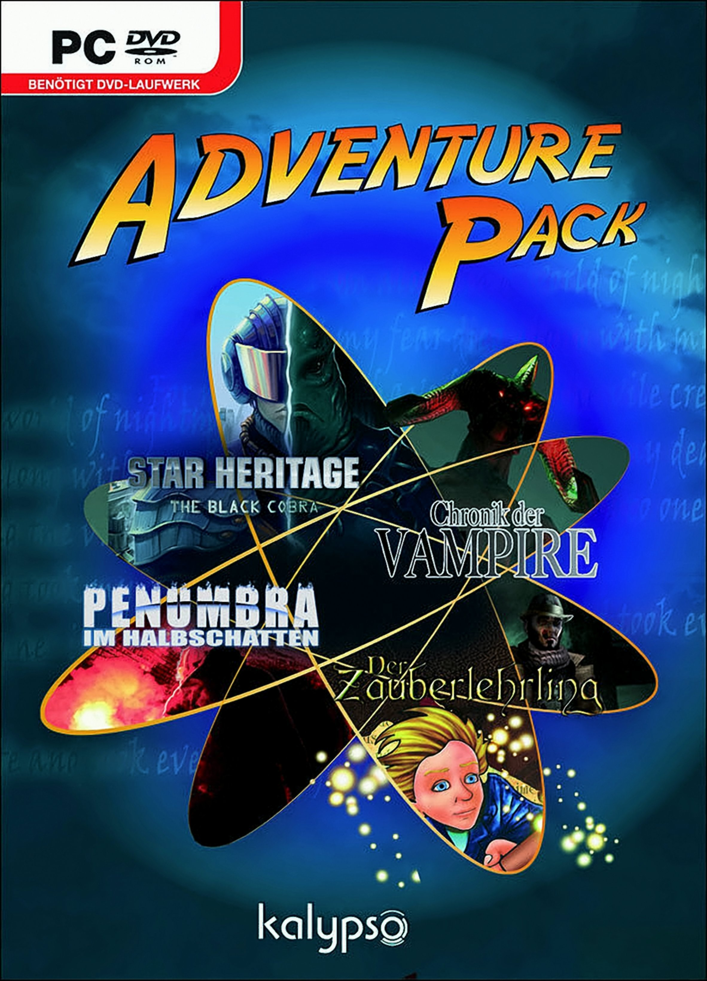 PC DVD-ROM Cover zeigt das Adventure Pack mit fünf Videospieltiteln, darunter Star Heritage und Chronik der Vampire.