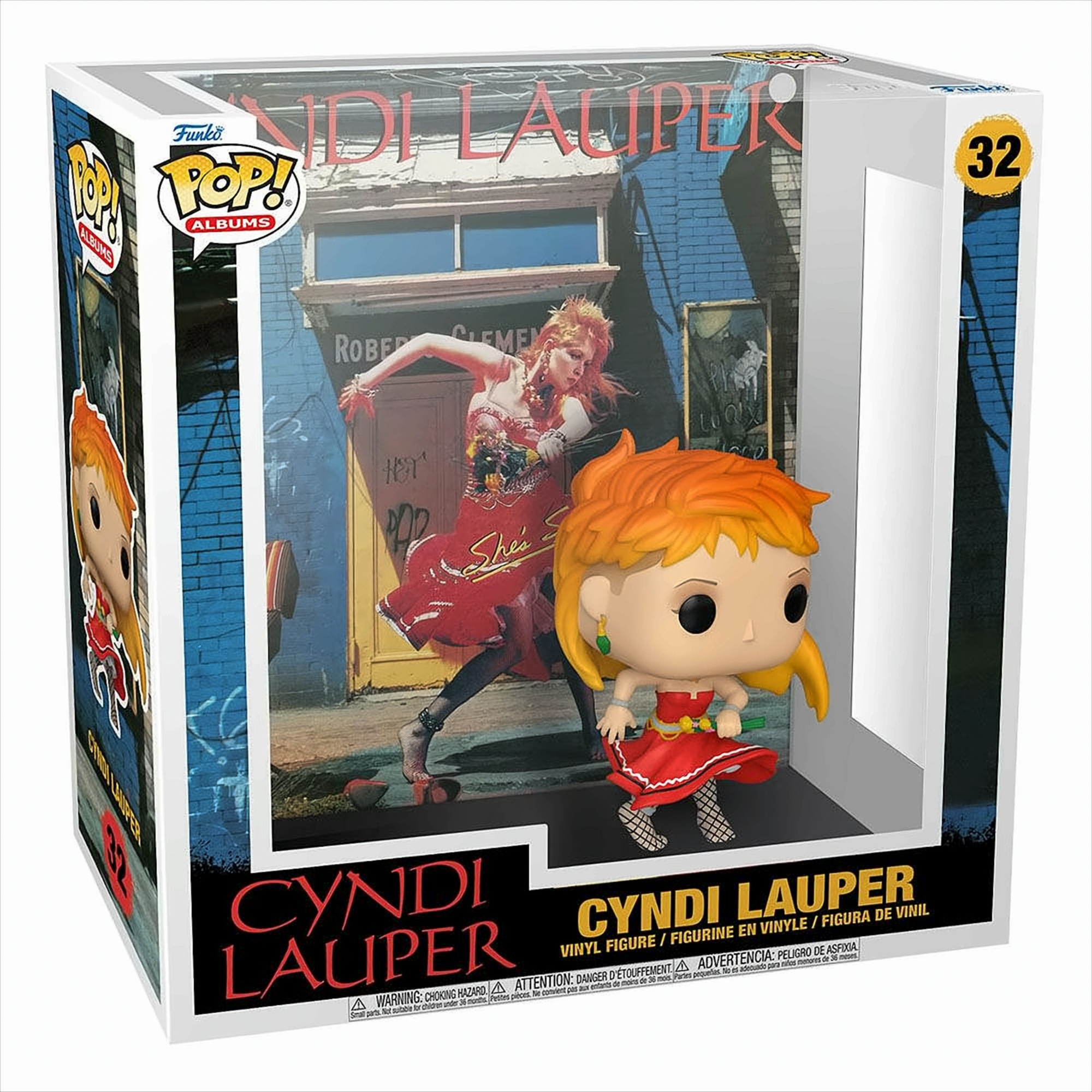 Funko Pop Albums Vinylfigur von Cyndi Lauper in einer Box mit Albumcover-Hintergrund.