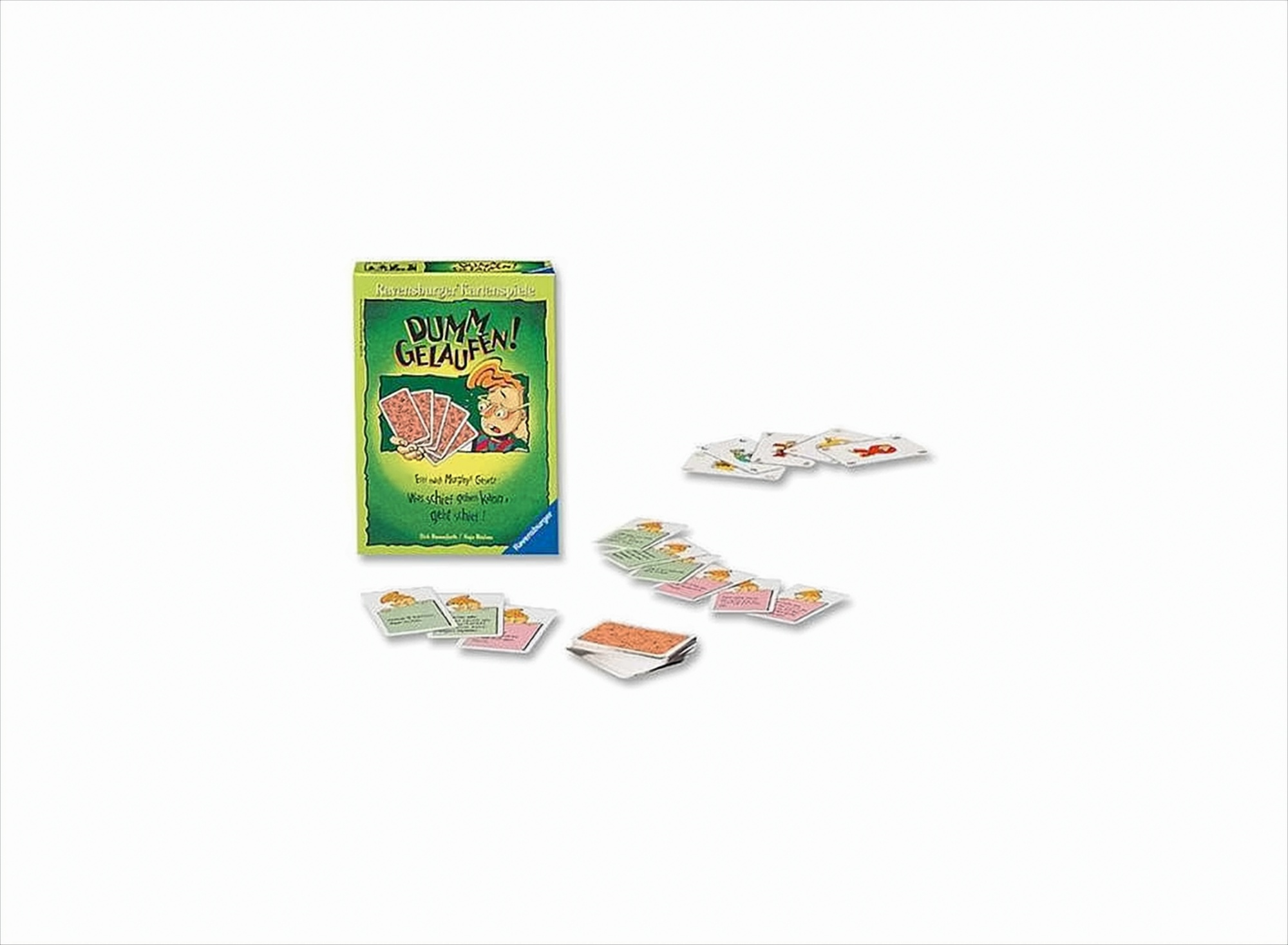 Un gioco di carte chiamato Dumm gelaufen con scatola e carte disposte.