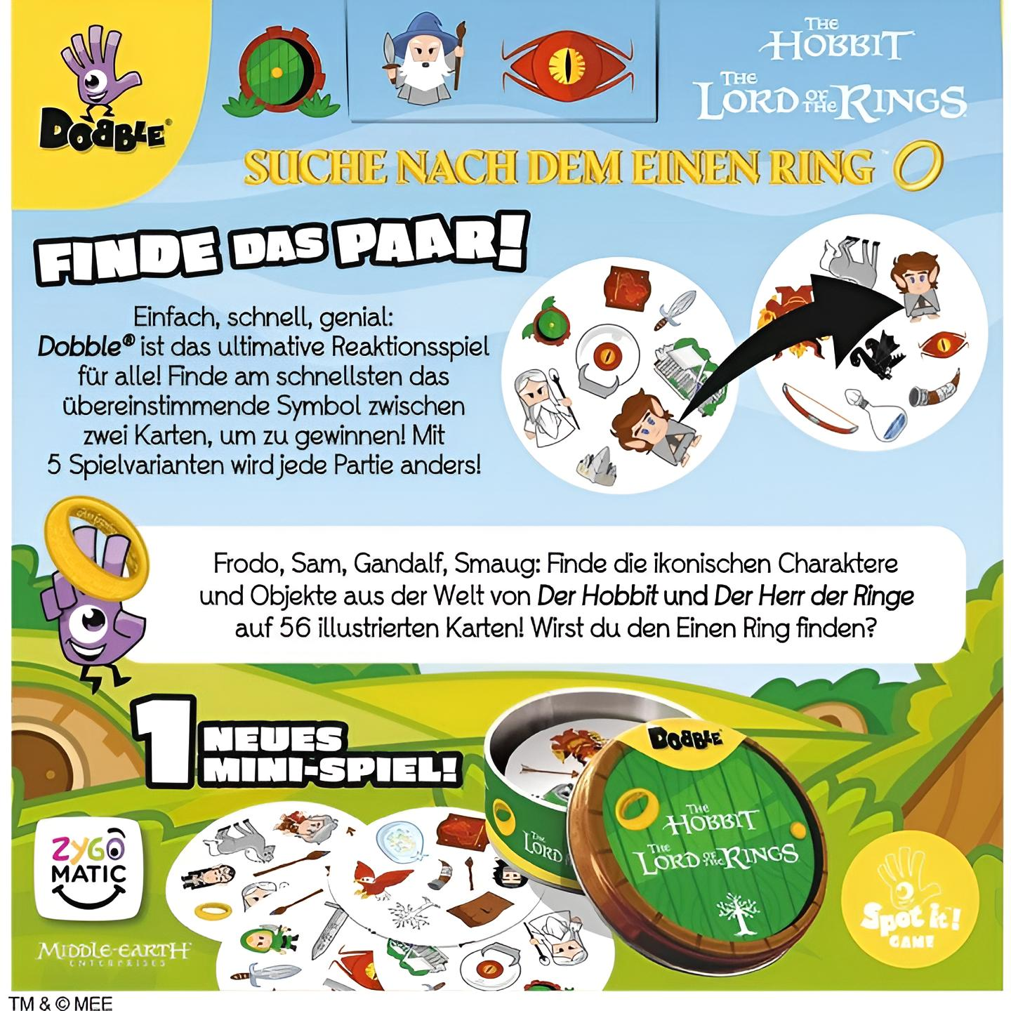 Dobble The Lord of the Rings Spielverpackung und Karten mit Mittelerde-Motiven.