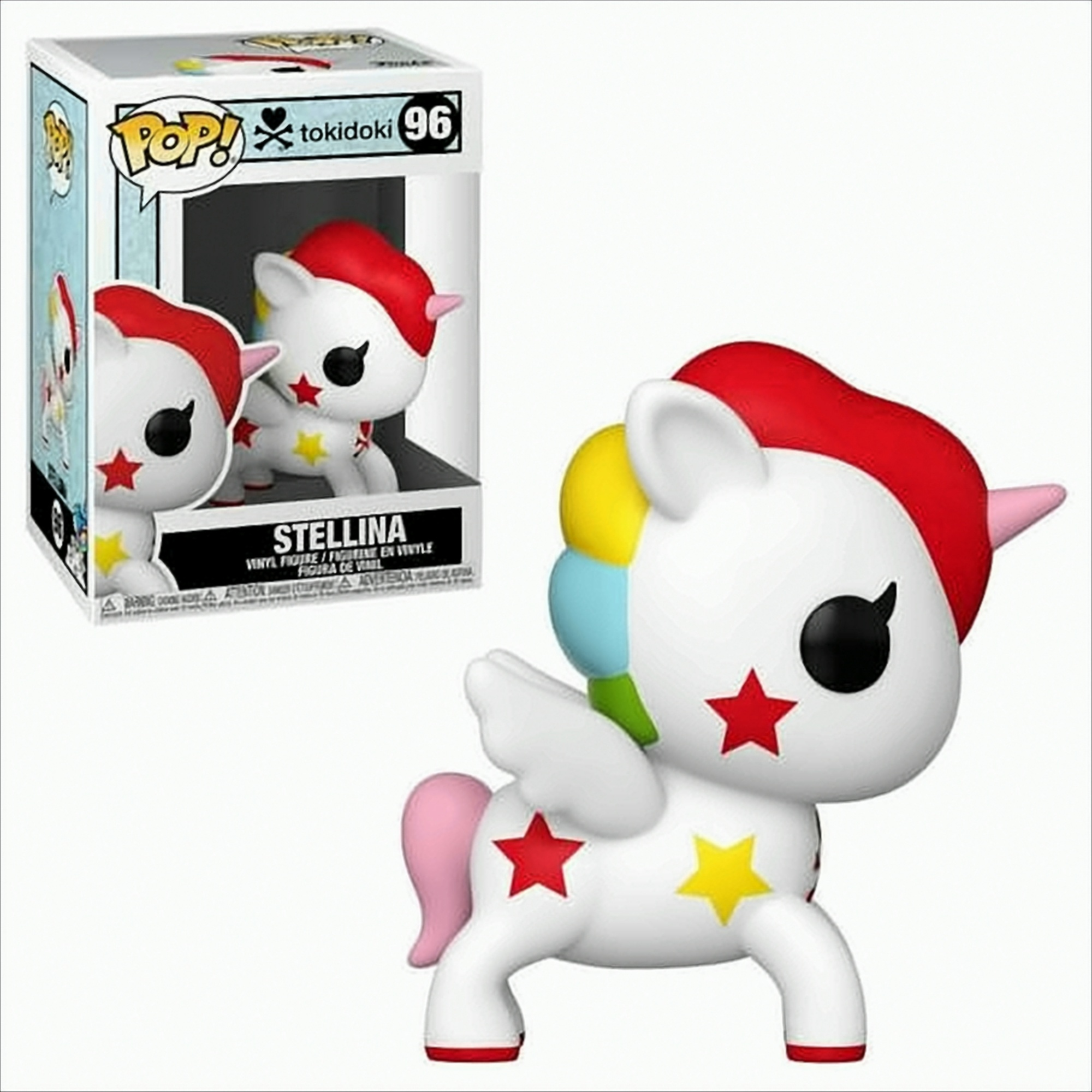 Stellina Tokidoki Pop Vinyl Figur mit Box, ein weißes Einhorn mit bunten Sternen und rotem Haar.