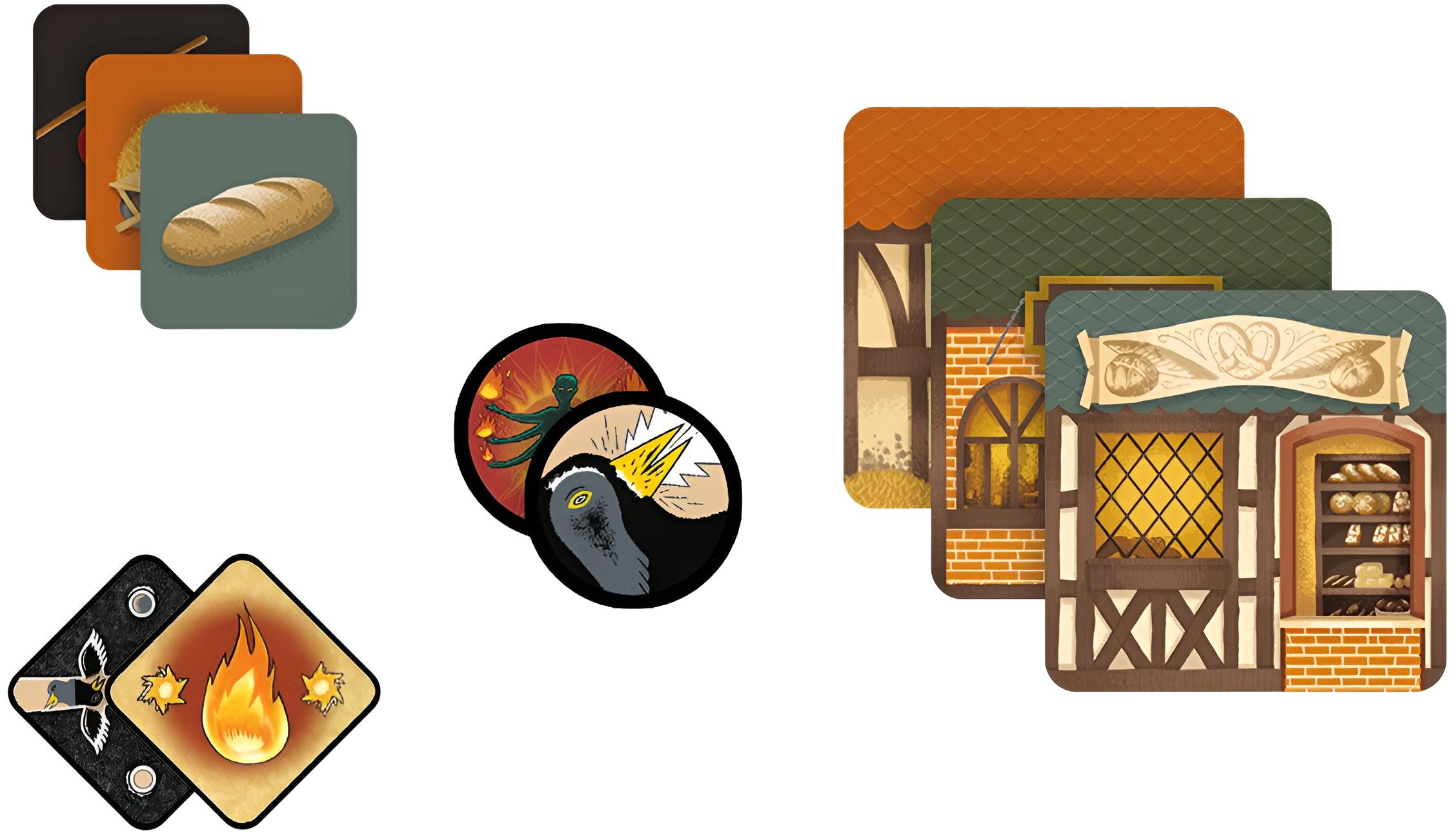 Spielsteine und Gebäudeplättchen mit Illustrationen von Brot, Feuer und Tieren auf weißem Hintergrund.