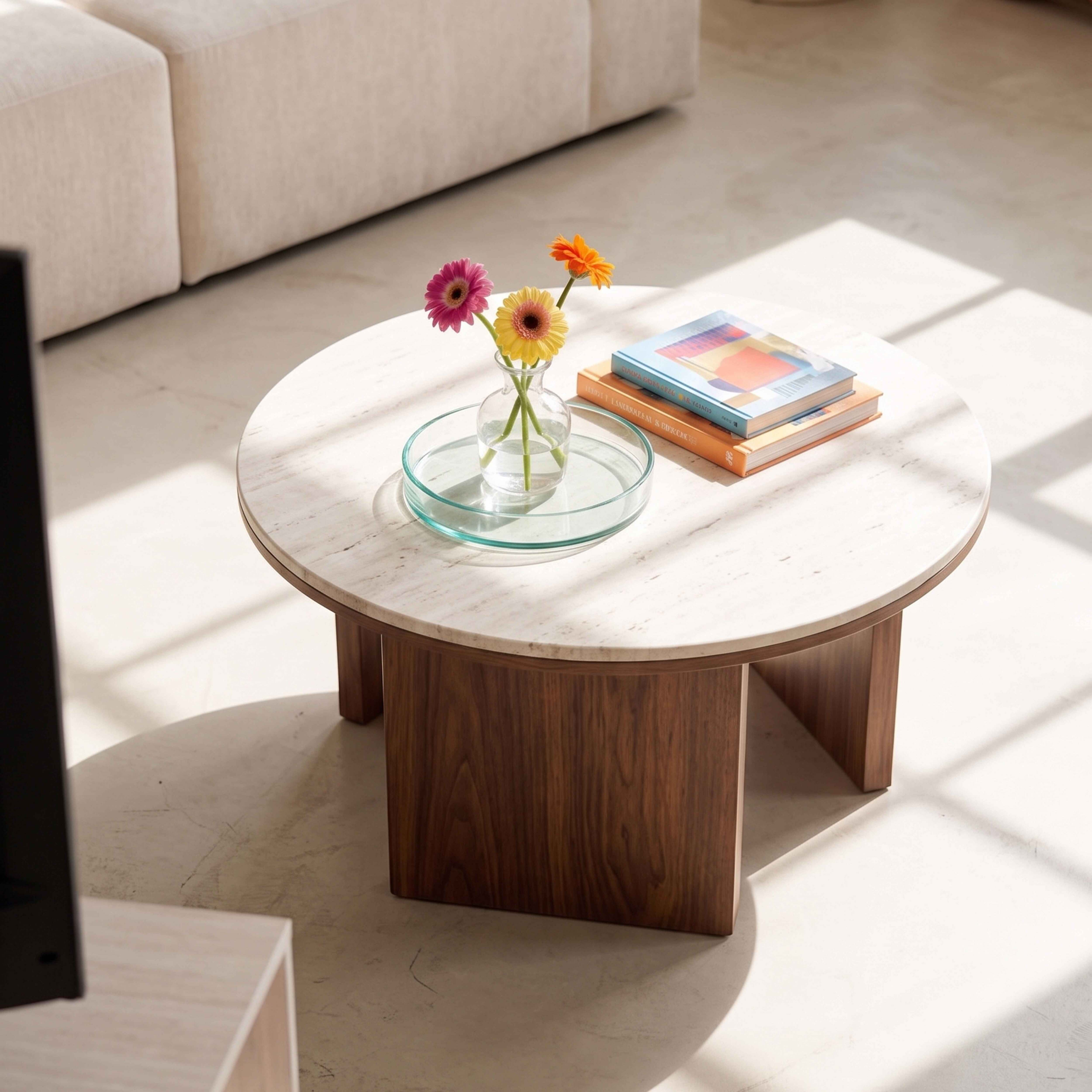 Ein runder Holztisch mit Marmorplatte steht in einem sonnigen Raum, darauf Blumen in einer Vase und zwei Bücher.