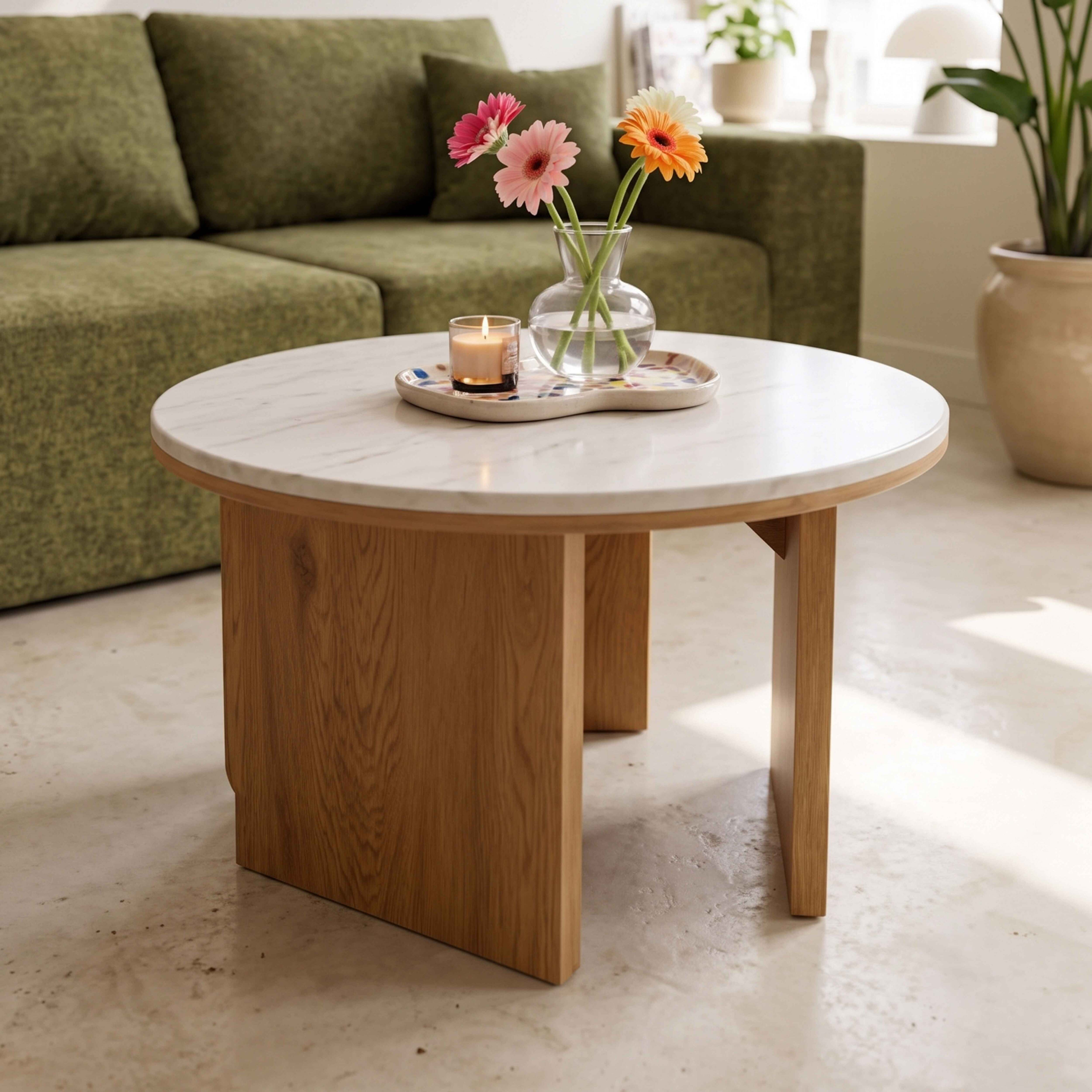 Ein runder Couchtisch mit weißer Marmorplatte und Holzbeinen steht in einem hellen Wohnzimmer mit grünem Sofa.