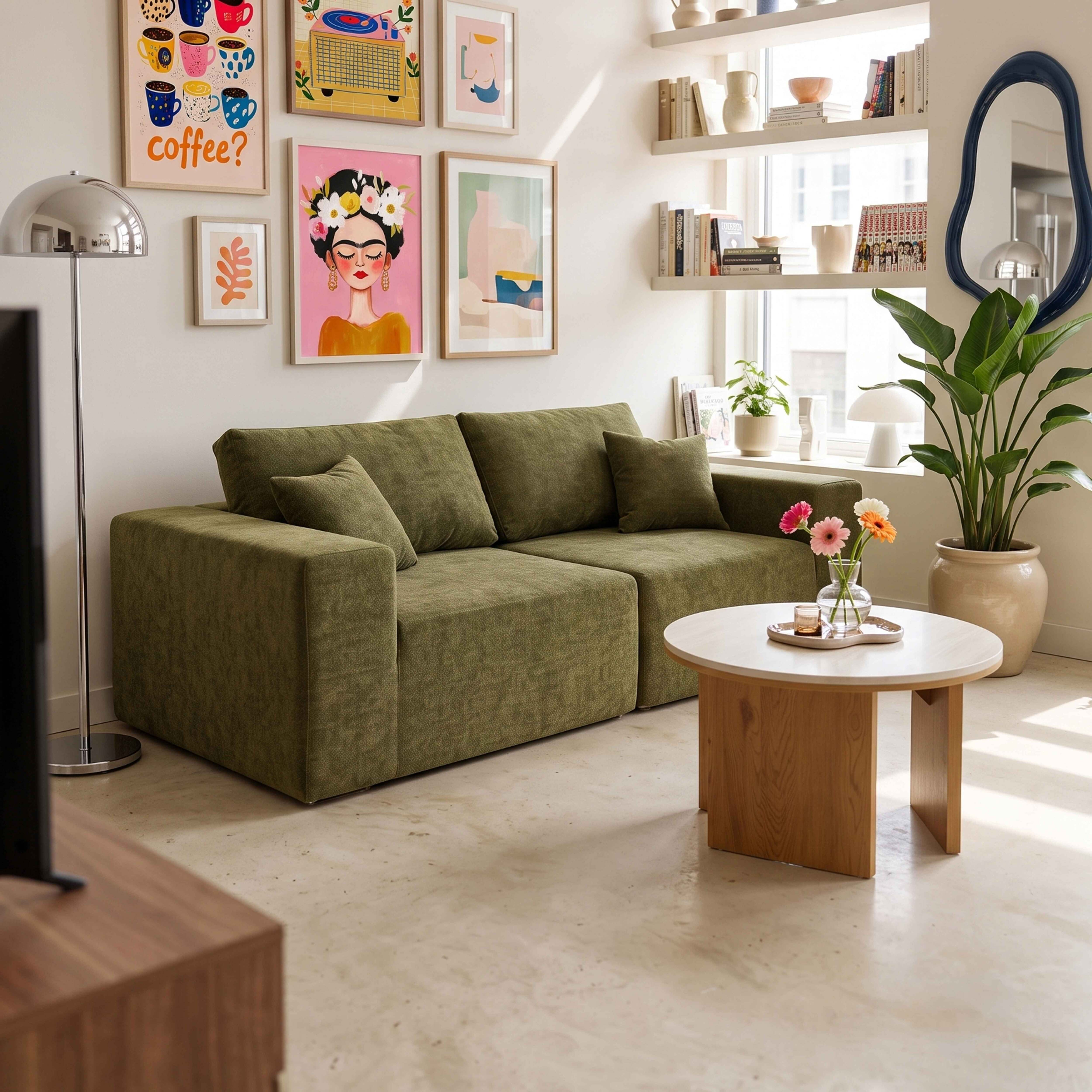 Ein gemütliches Wohnzimmer mit grünem Sofa, Kaffeetisch, gerahmten Kunstwerken, Pflanzen und Bücherregalen.