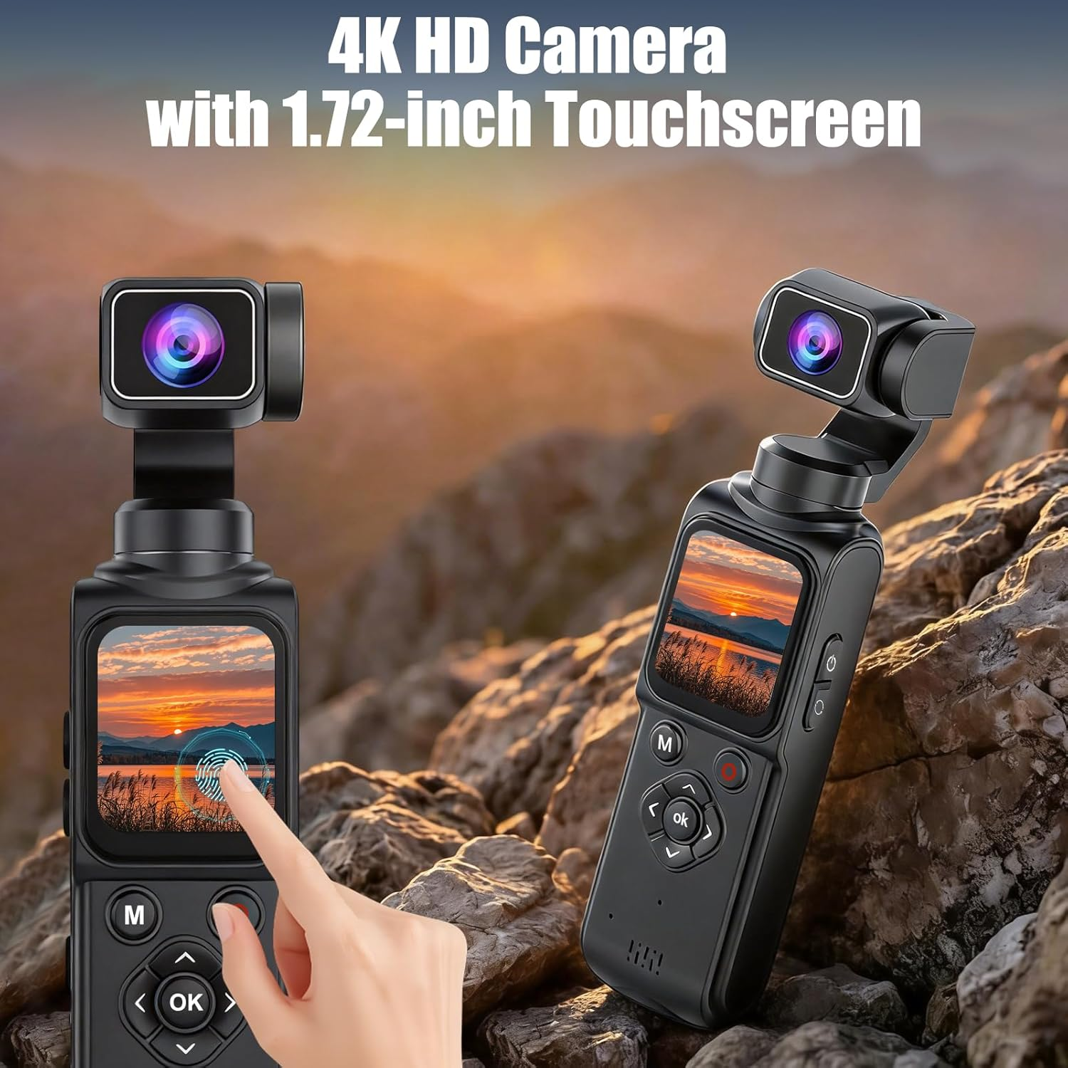 Eine schwarze 4K-Taschen-Gimbal-Kamera mit Touchscreen, vor einer felsigen Berg- und Sonnenuntergangskulisse.