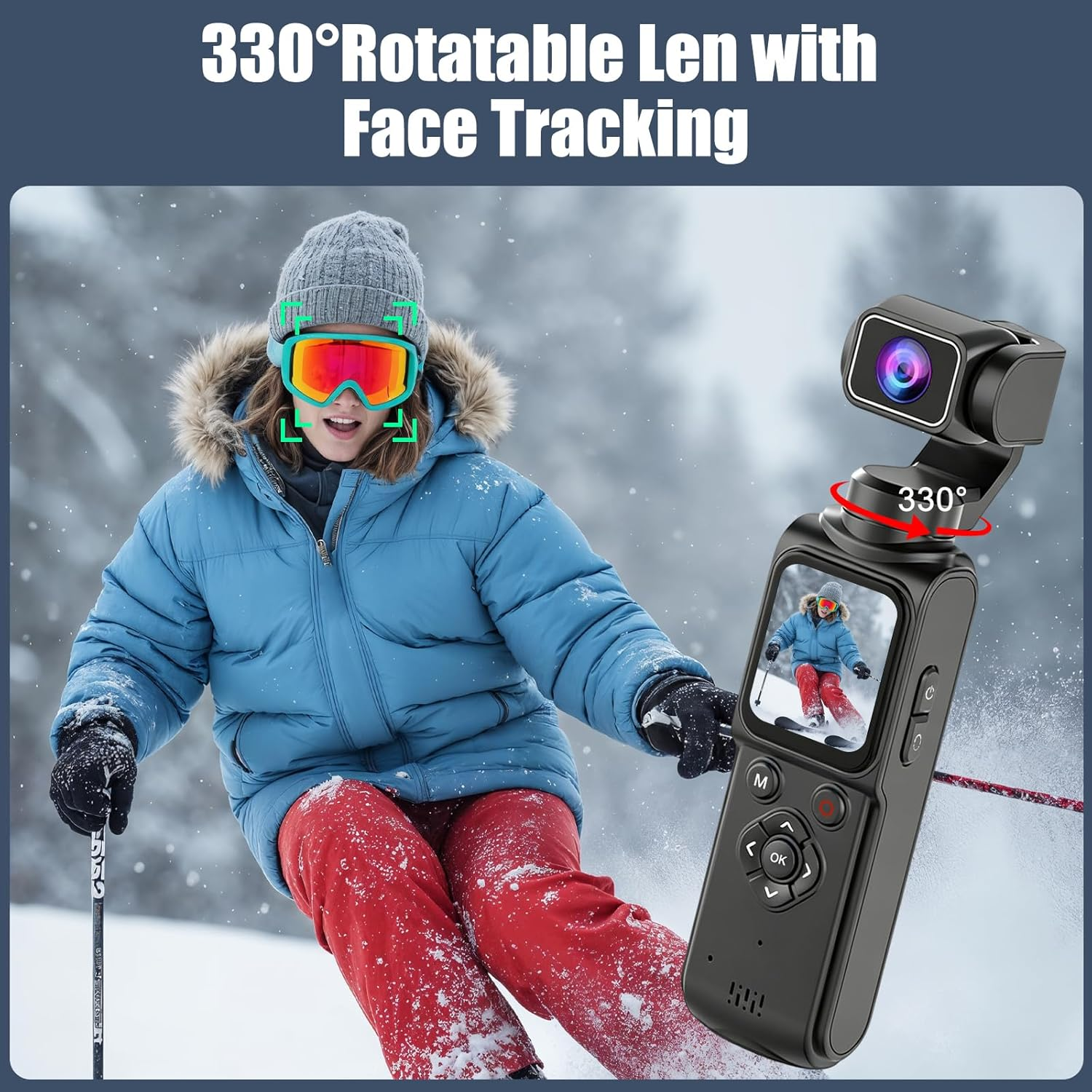Eine Skifahrerin mit Gesichtserkennung auf dem Display einer rotierenden Kamera.
