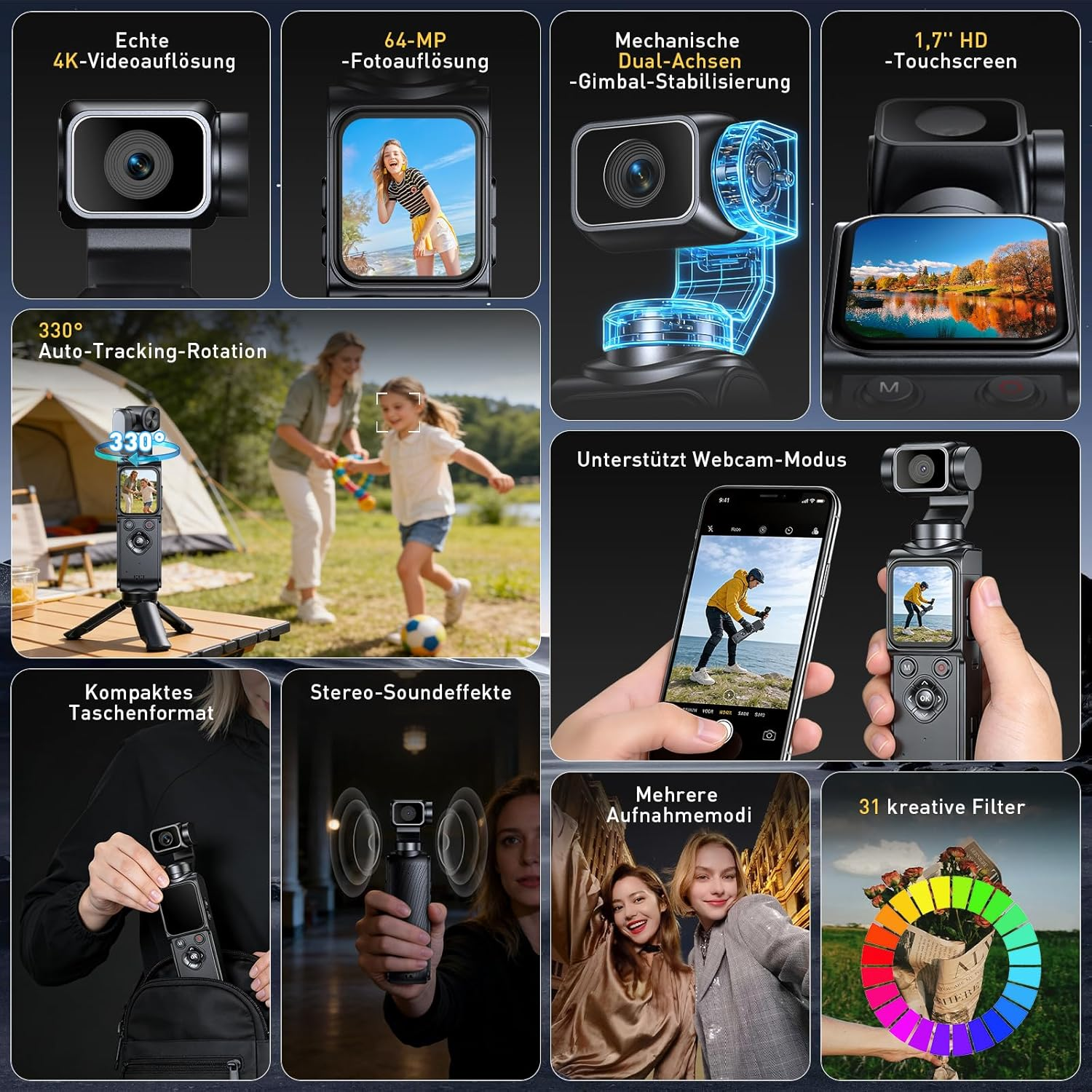 Eine Produktcollage zeigt die Funktionen einer kompakten 4K-Videokamera mit Gimbal und Filtern.