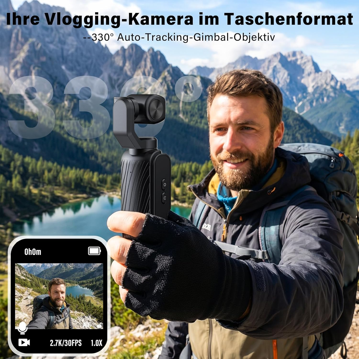 Wanderer hält Vlogging-Kamera mit Gimbal vor Bergkulisse.