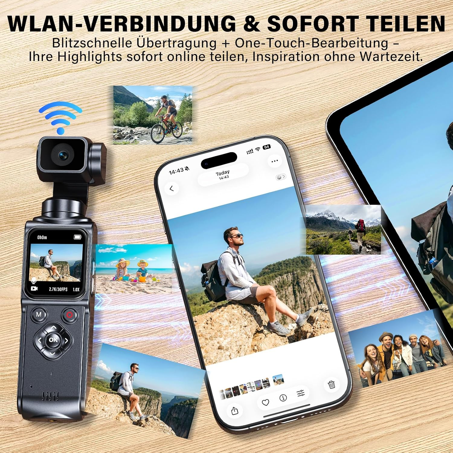 Eine Gimbal-Kamera überträgt Fotos kabellos auf ein Smartphone und ein Tablet auf einem Holztisch.