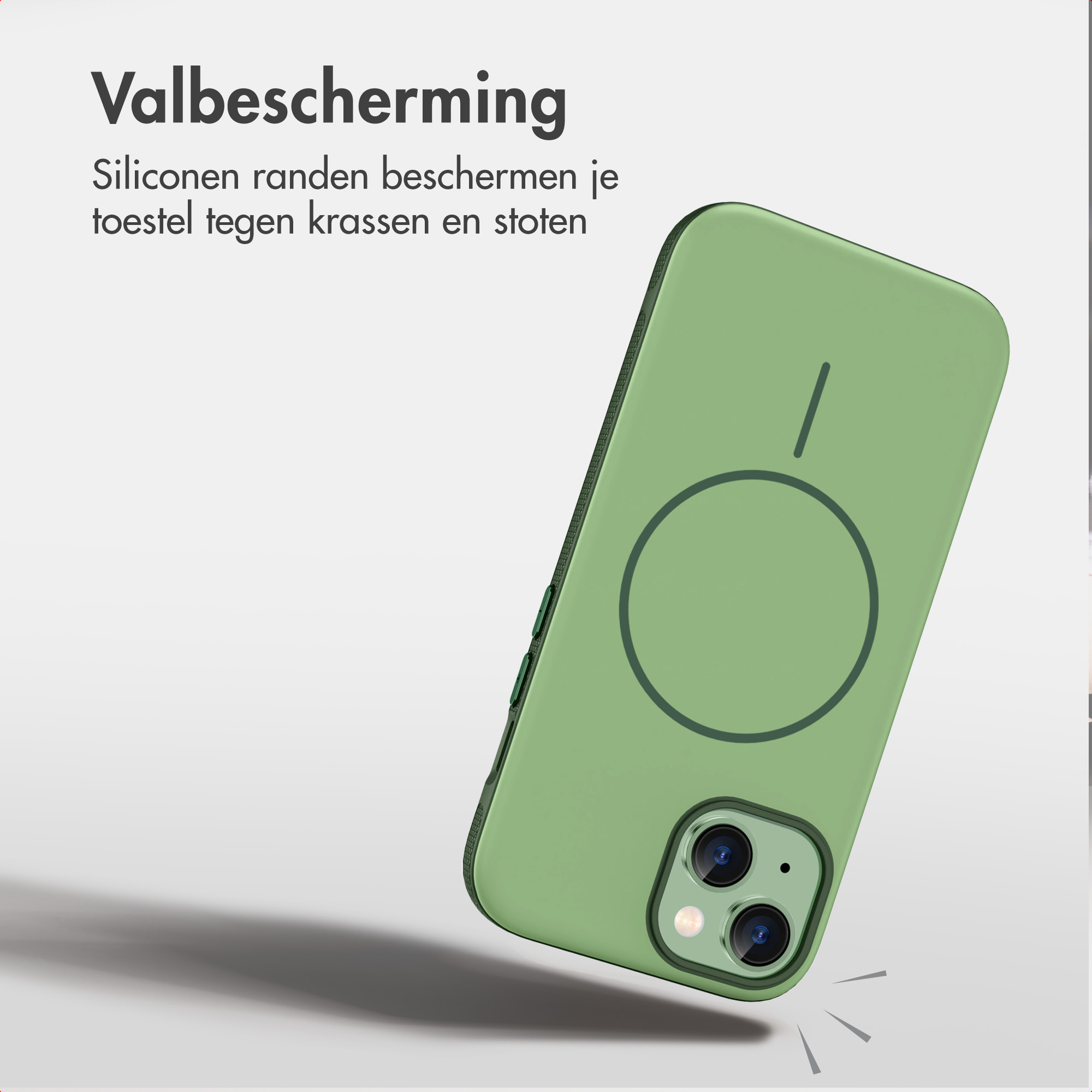 Groene smartphonehoes met MagSafe-ring tegen een lichte achtergrond met tekst.