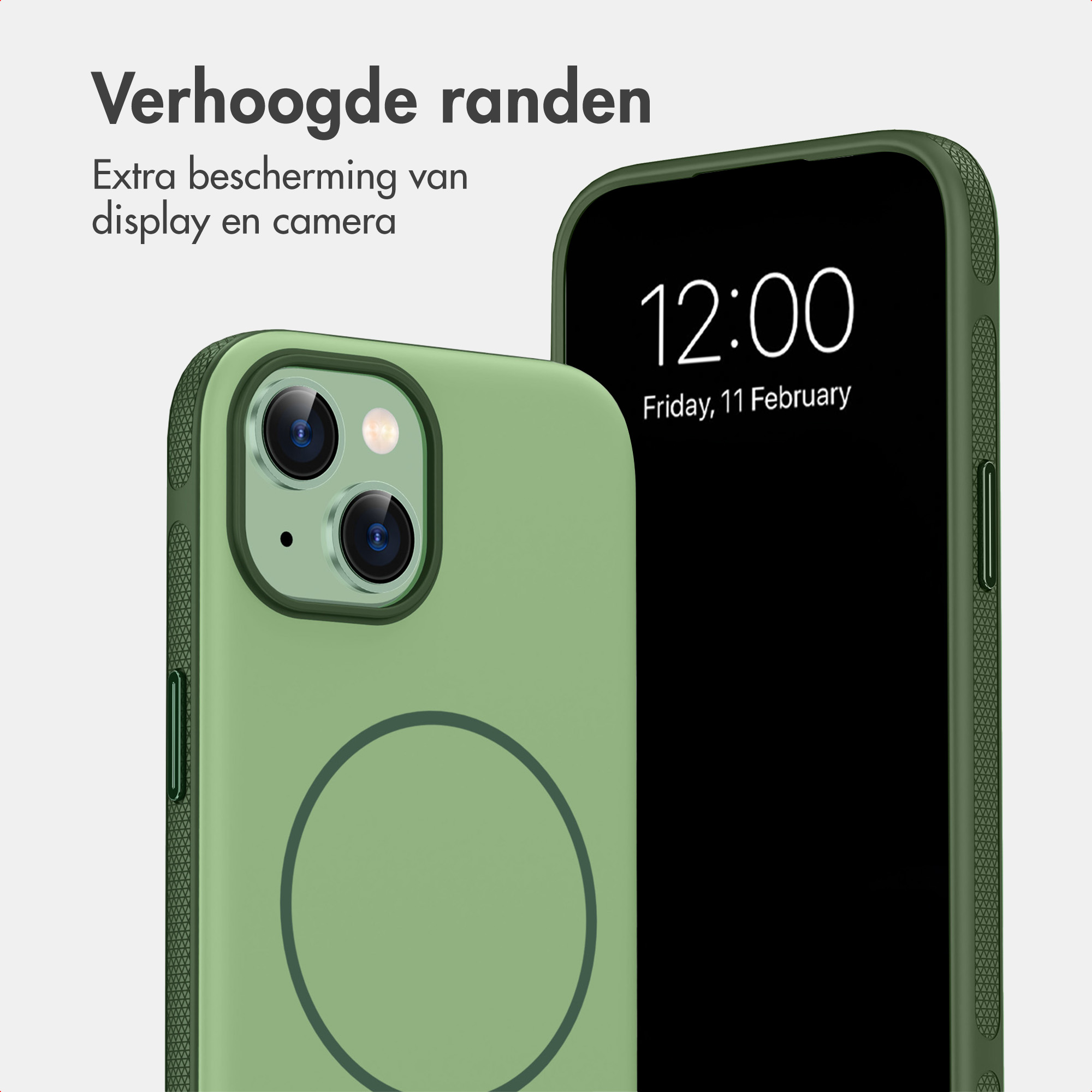 Twee groene smartphonehoesjes met tekst over opstaande randen voor extra bescherming.