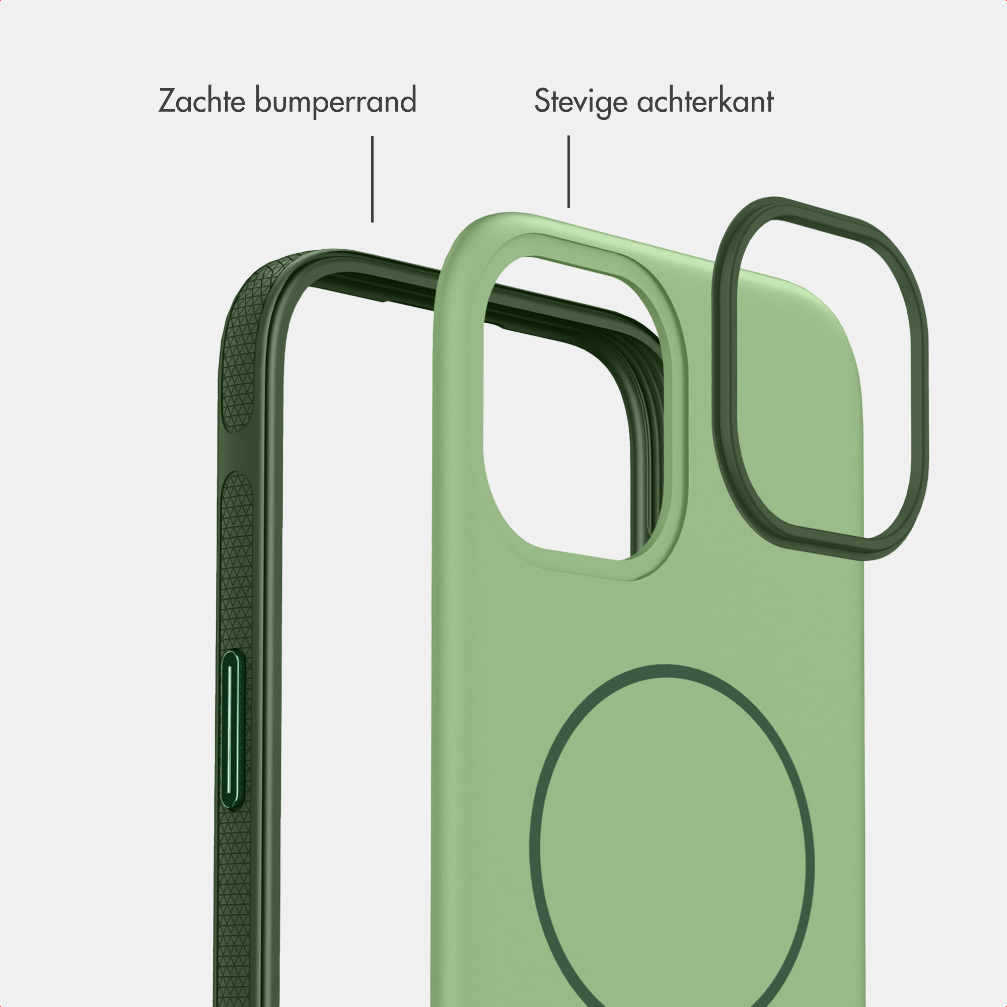 Opengewerkte weergave van een groene telefoonhoes met zachte bumper en stevige achterkant.