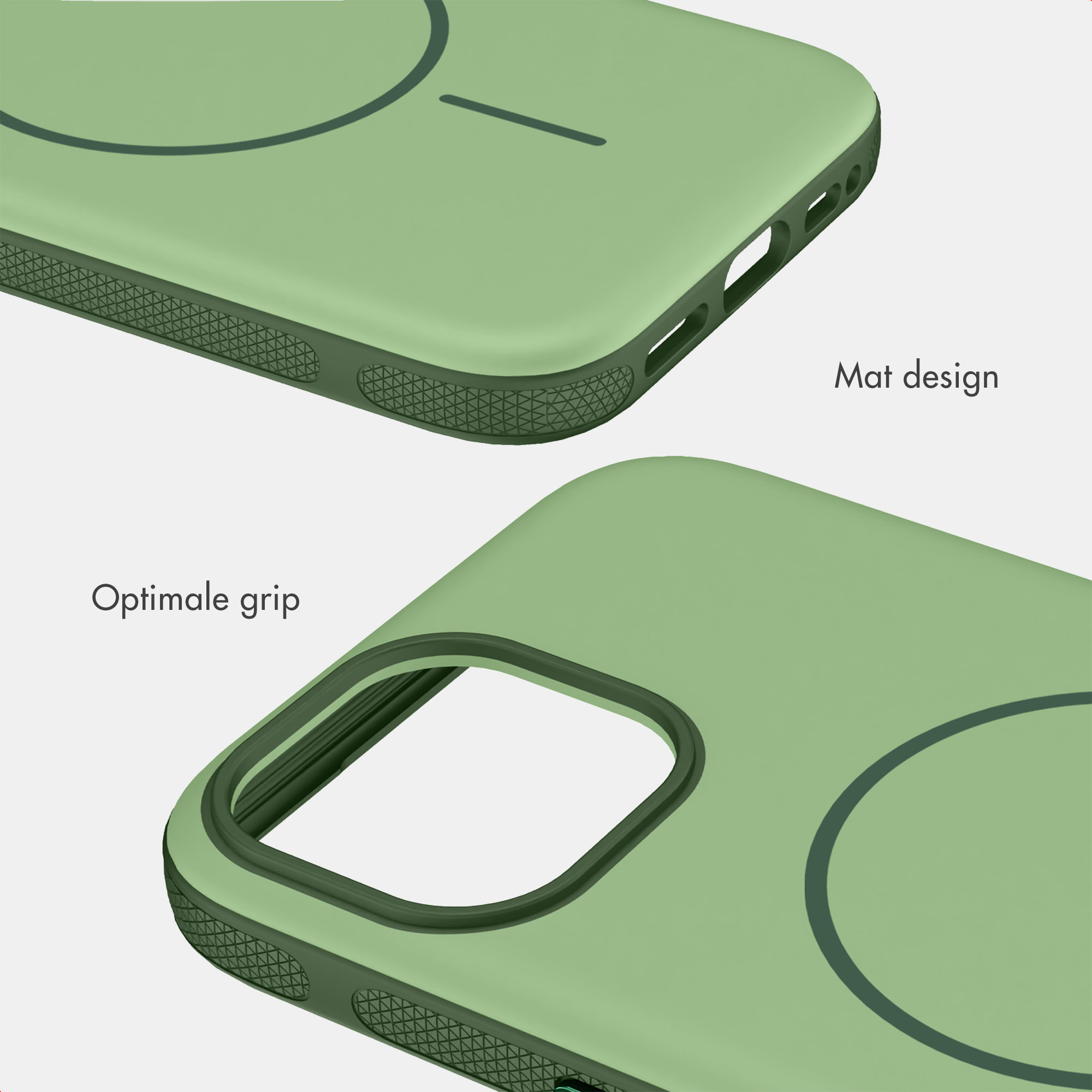 Groene smartphonehoes met mat design en gestructureerde handgrepen aan de zijkant op lichte achtergrond.