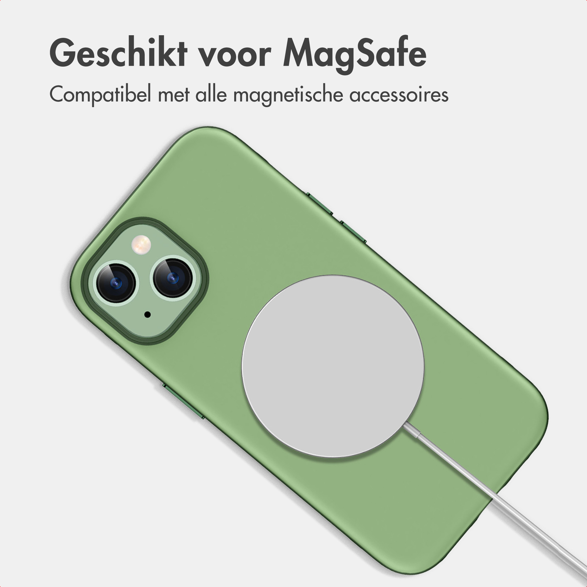 Een groene smartphone in een hoesje met een cirkelvormige MagSafe-oplader op de achterkant.