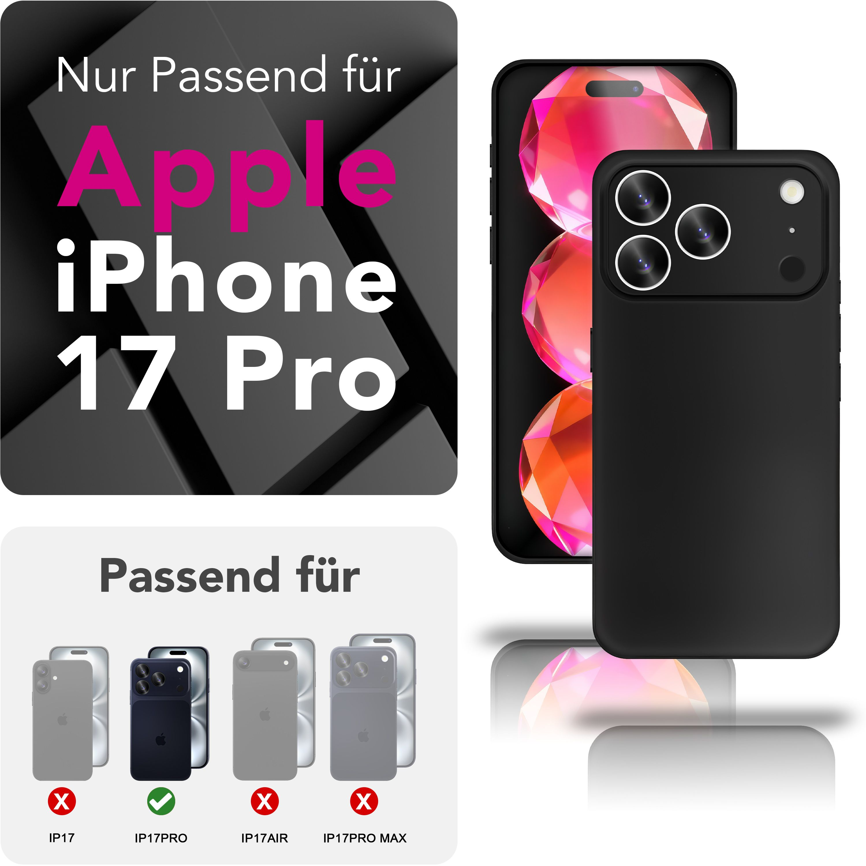 Schwarze iPhone 17 Pro Schutzhülle mit Kamerasymbolen und Text auf Deutsch.