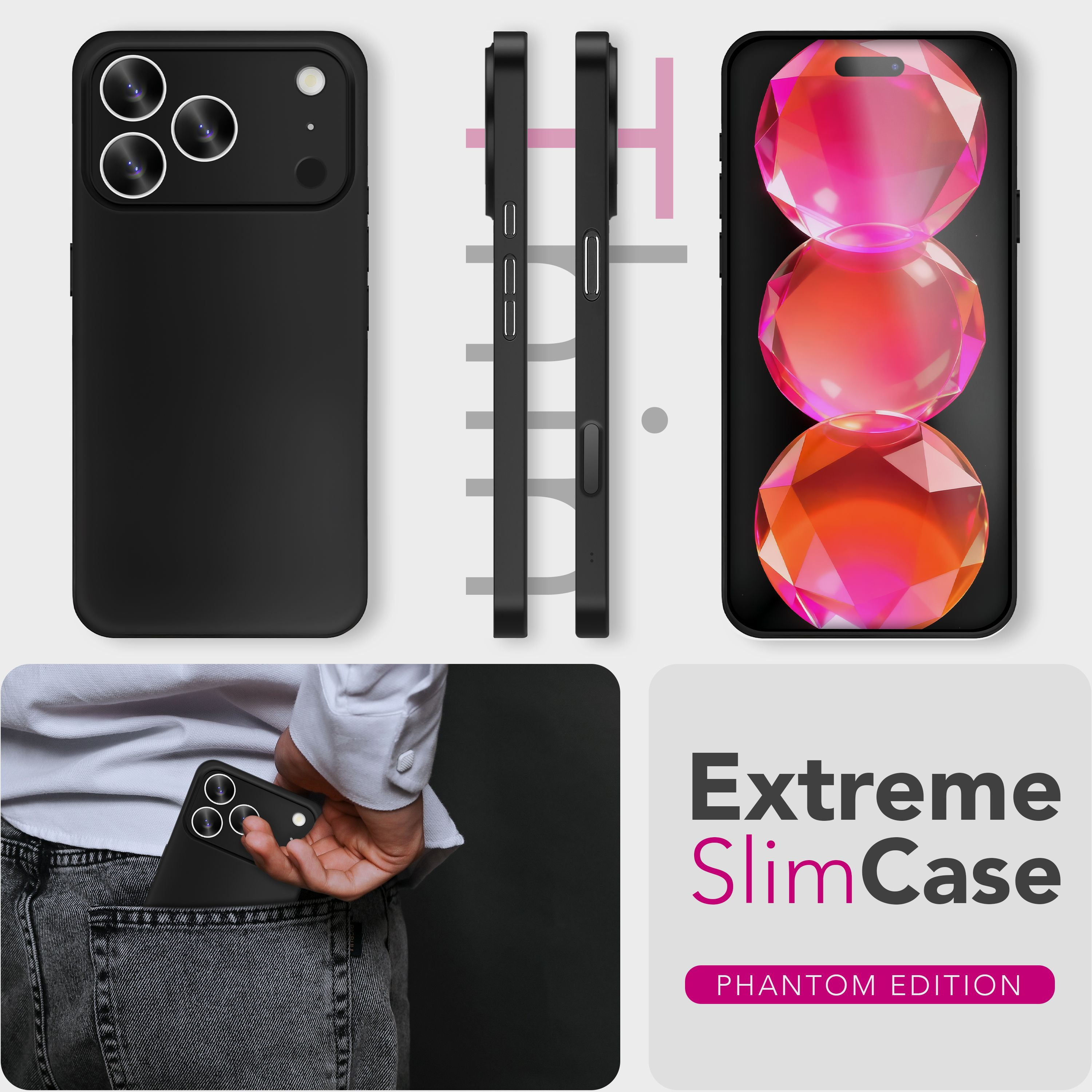 Schwarze Smartphone-Hülle Phantom Edition mit Kameramodul, seitlichen Tasten, Display und Taschenansicht.