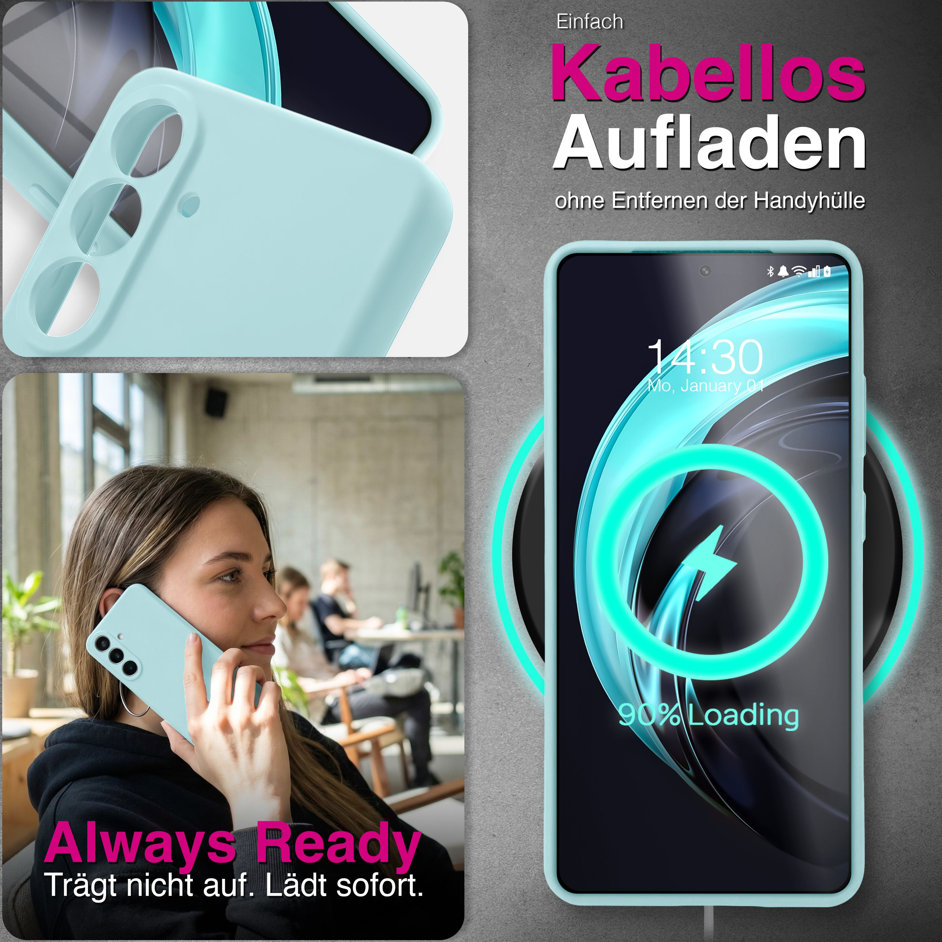 Handyhülle für kabelloses Laden, gezeigt mit Smartphone auf Ladepad und Frau am Telefon.