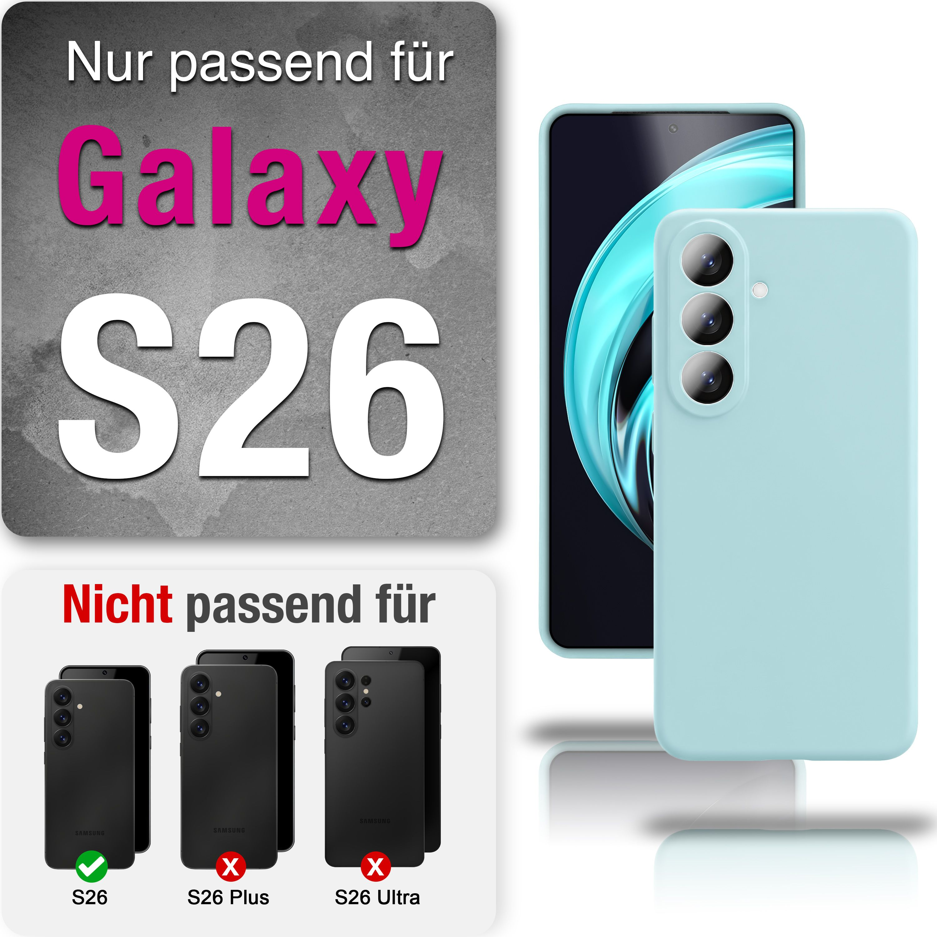 Hellblaue Galaxy S26 Hülle mit Text und Kompatibilitätsübersicht.